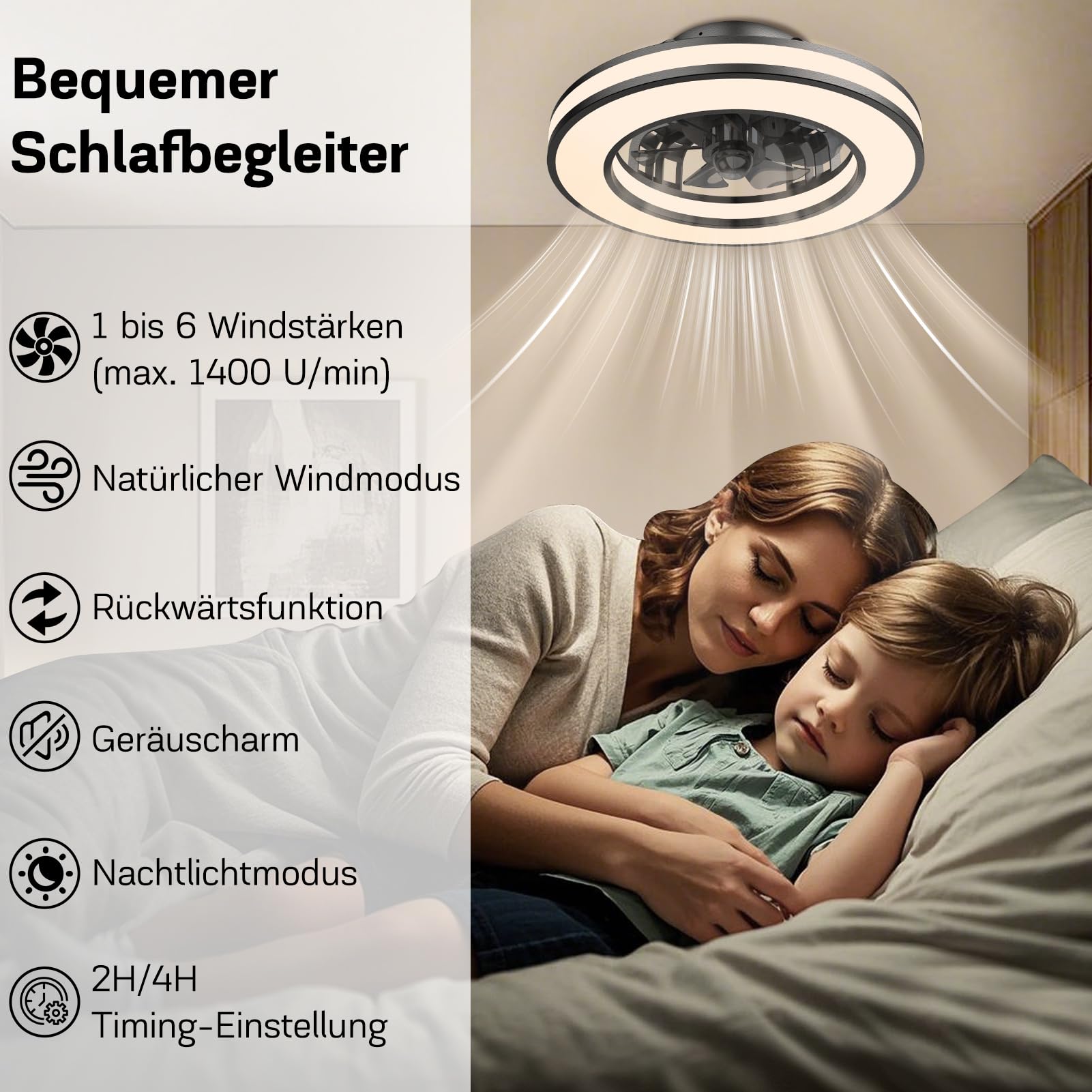 Nigecue 50W Deckenventilator mit Beleuchtung, Ø42CM, Fernbedienung, 3000K-6500K, RGB, 6 Windstufen, Timer, 3200lm