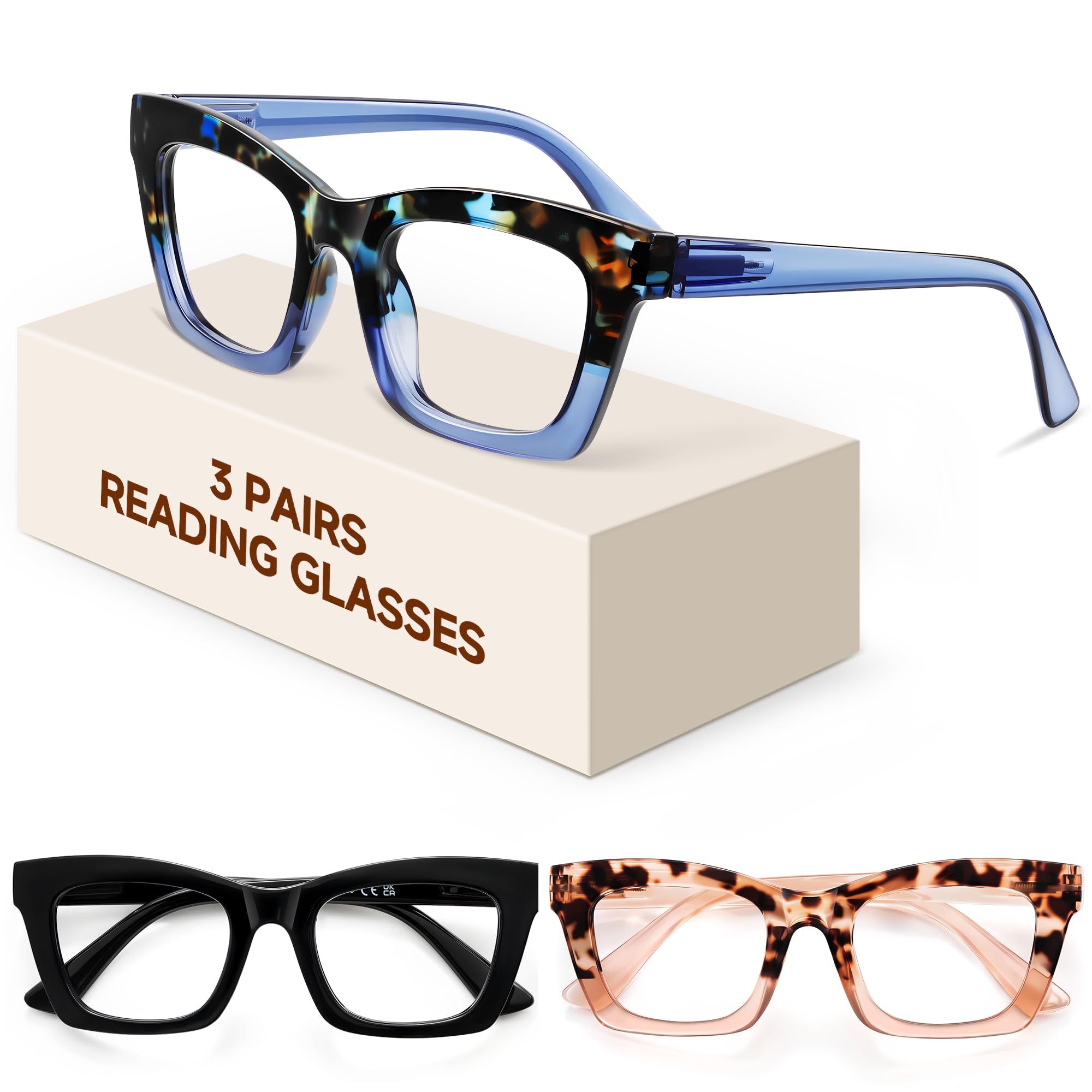 resjok Oprah Reading Glasses for Women-3Pack Blue Light Blocking Fashion Readers with Spring Hinge Computer Square Eyeglasses