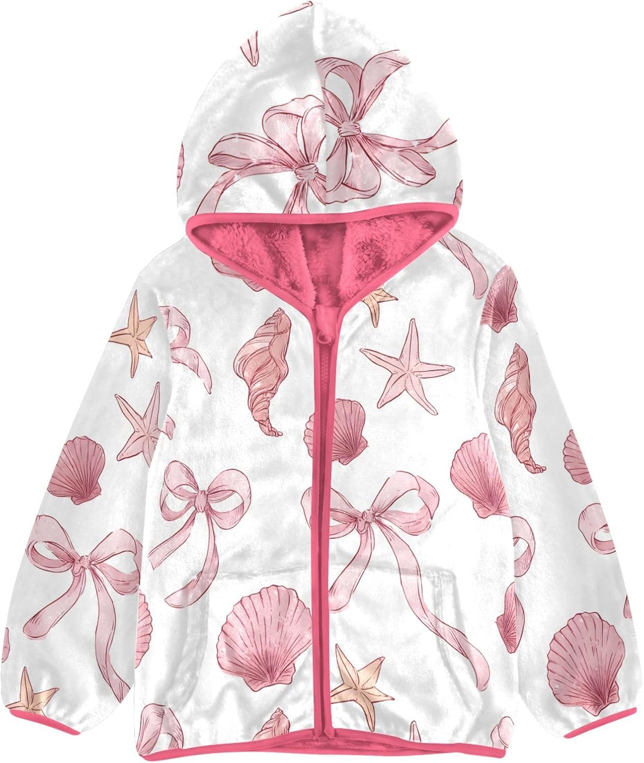 Girls Hoodie Outfit Pink Bows Shellfish Pattern Zipper Sweatshirt Coat Fleece Jacket for Kids 3-10T