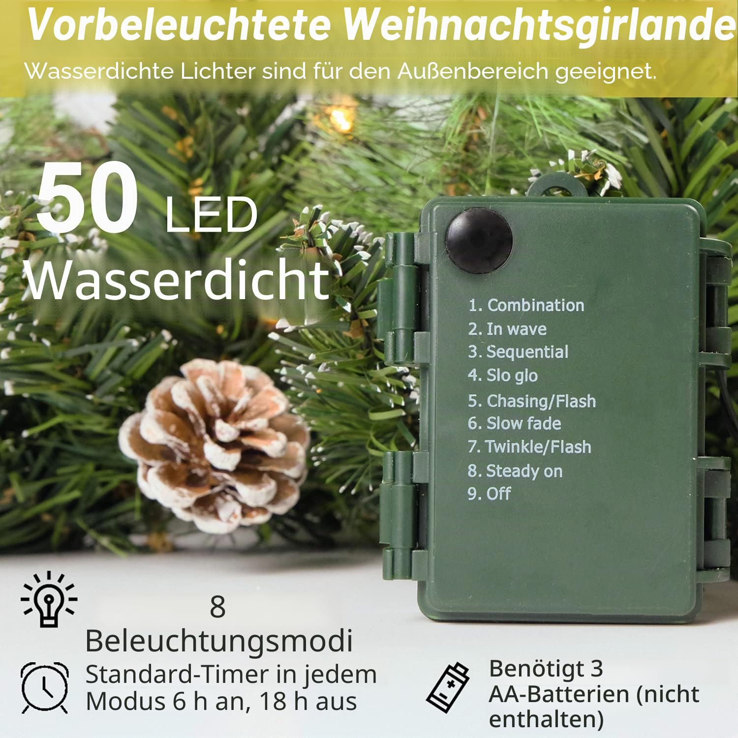 HomeKaren Weihnachtsgirlande vorbeleuchtet 2.7M mit 50 LED-Lichtern, Tannenzapfen und Schneestil Weihnachtsgirlande, batteriebetriebene Weihnachtsdekoration für Manteltreppe Indoor Outdoor