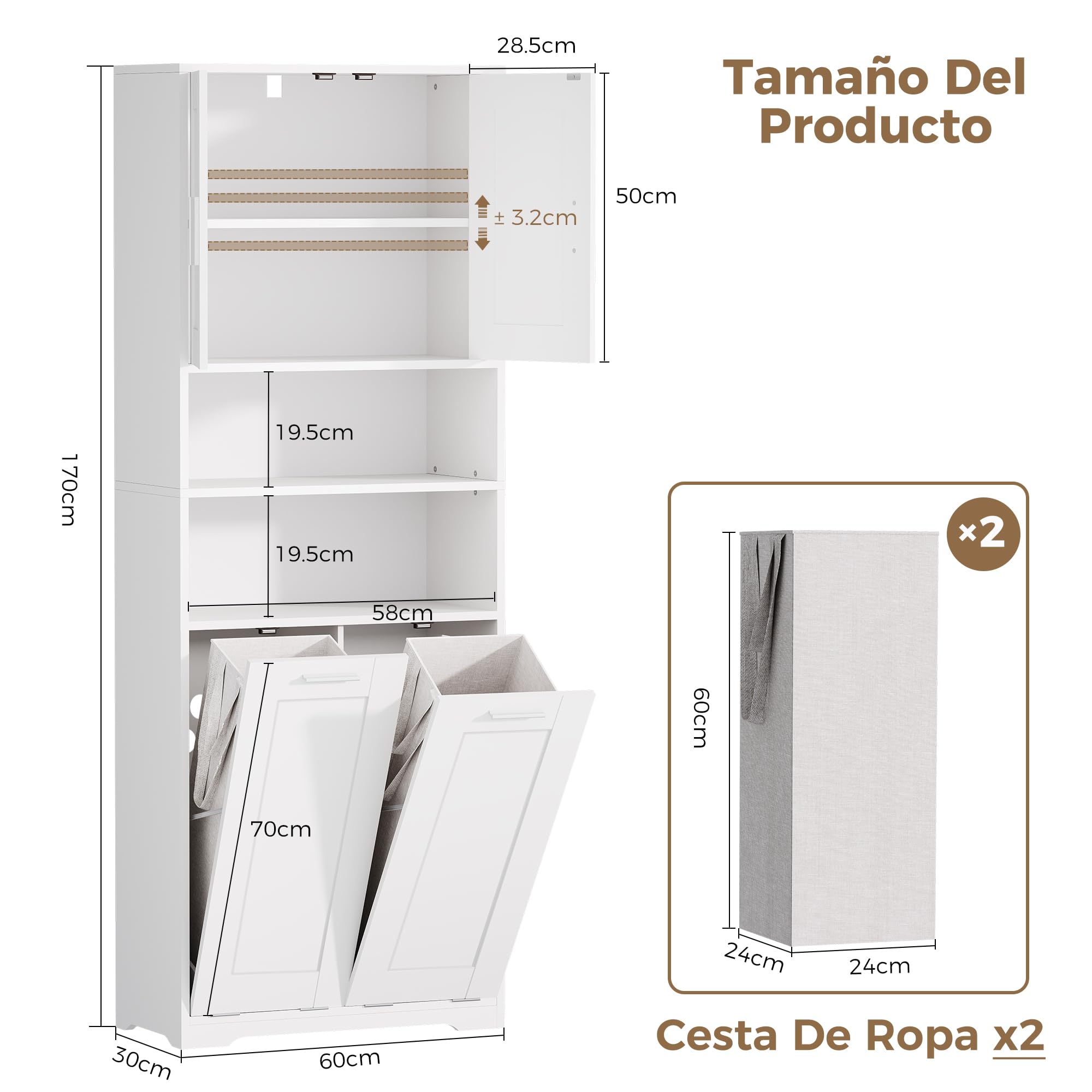 Armario de Baño Alto con 2 Cestas Desmontables para Ropa Sucia | Mueble de Baño con Cestos Extraíbles con Asas, Estante Regulable y Kit Antivuelco, para Baños y Lavadero 30x60x170 cm