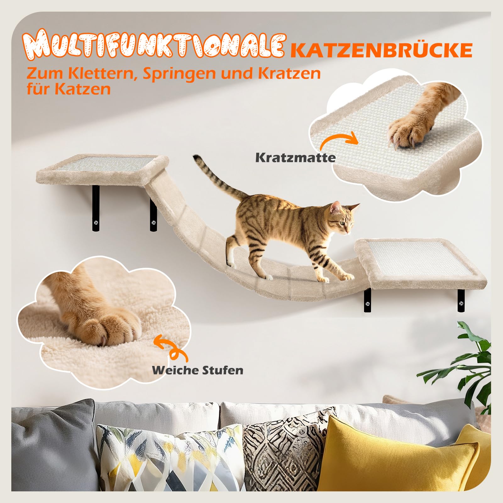Kletterwand Katzen 10-teilig, Wandmontage Katzenmöbel Set mit Katzenbrücke, Katzenhaus, Kratzbaum & Hängematte, Stabiler Katzentreppe bis 10 kg, Beige