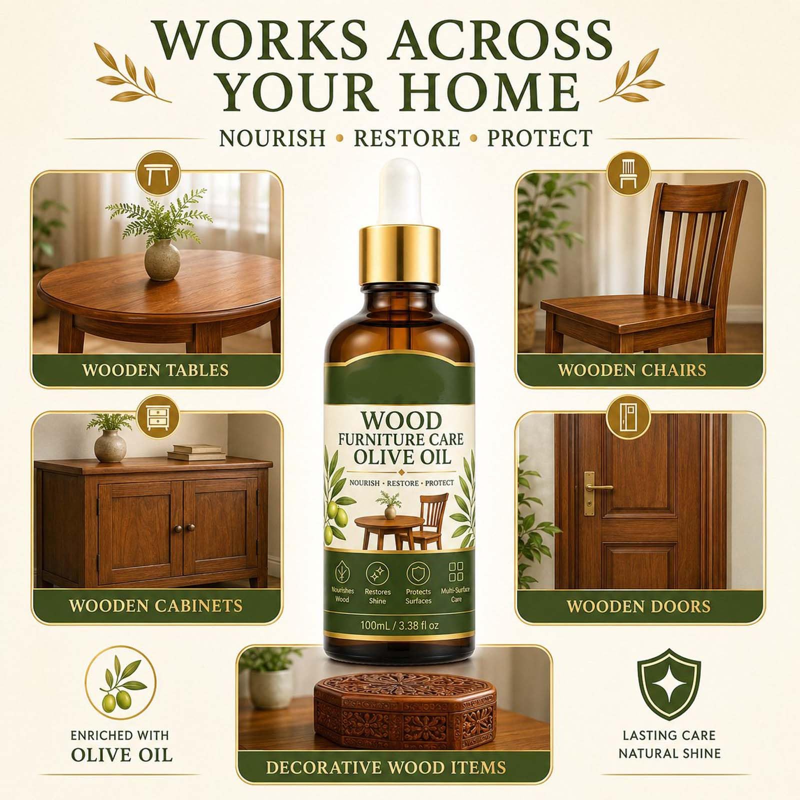 Olio nutriente idratante per la cura dei mobili in legno con oli d'oliva, olio essenziale per la cura dei mobili, lucidante e detergente per mobili, balsamo rivitalizzante e protettivo e spray per