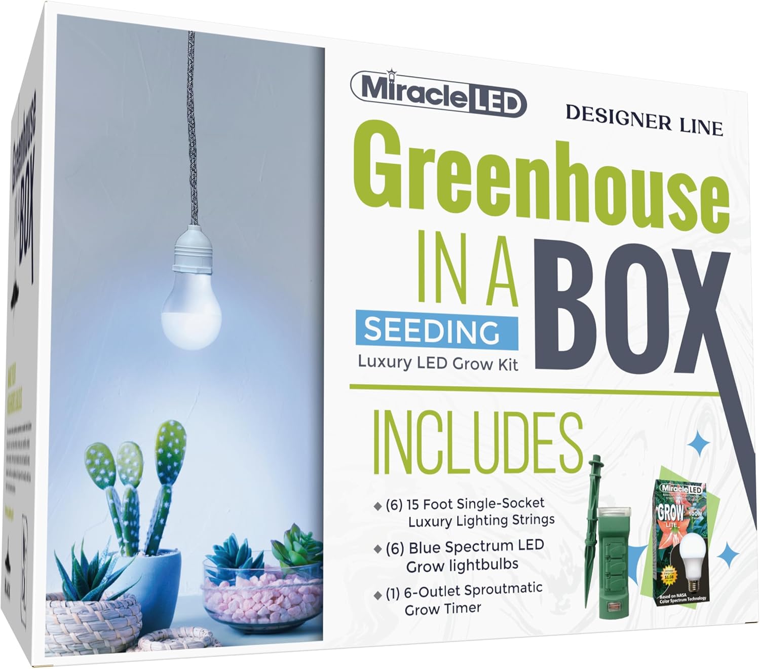 Miracle LED Greenhouse in a Box Designer Line Indoor Grow Kit - Includes Absolute Daylight Blue Spectrum 100W Replacement Grow Bulb, 1 1-Socket Braided Plug-in Fixture with Timer (6-Pack) 6 Count (Pack of 1) Blue Spectrum
