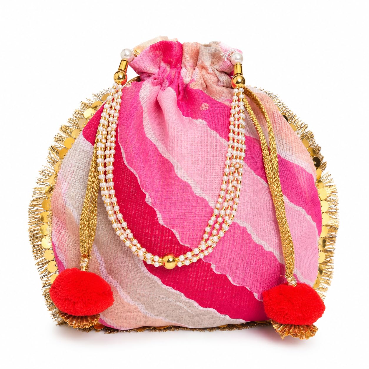 Women's Pink Leheriya Print Potli Bag with Pearl Handle & Red Pom Pom Tassels | Designer Drawstring Ethnic Handbag for Wedding, Bridal, Party, Mehendi, Sangeet & Festive Gift-image-19