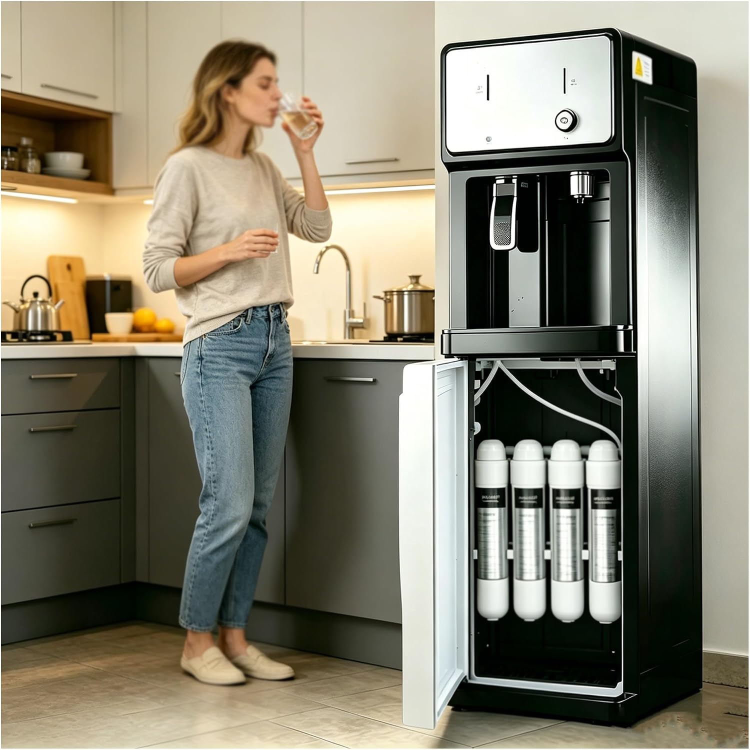 Bottleless Water Dispenser, Four-Stage Filtration Water Cooler, 3 Water Temperature Settings, Stylish Drinking Water Machine for Home Office Commercial Business User