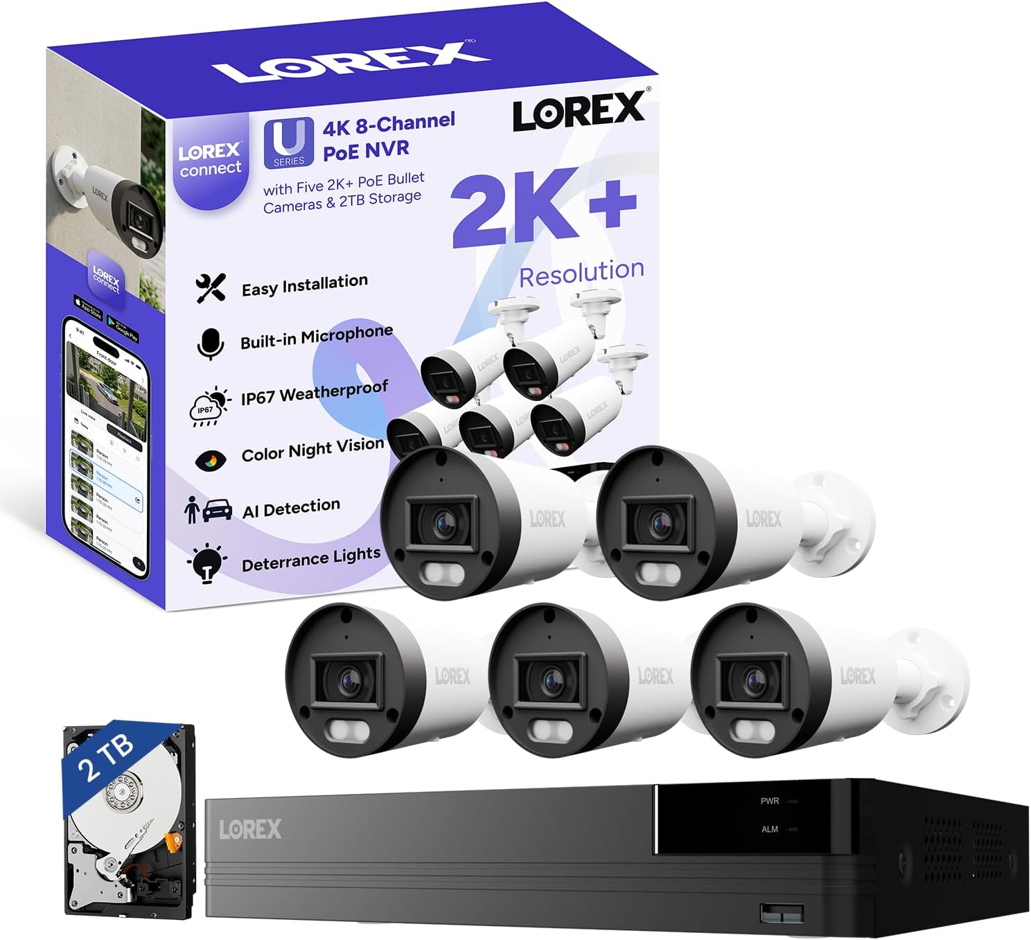 Lorex Connect (New App) | U-Series | 8Ch 4K NVR System | 5 Bullet Cameras