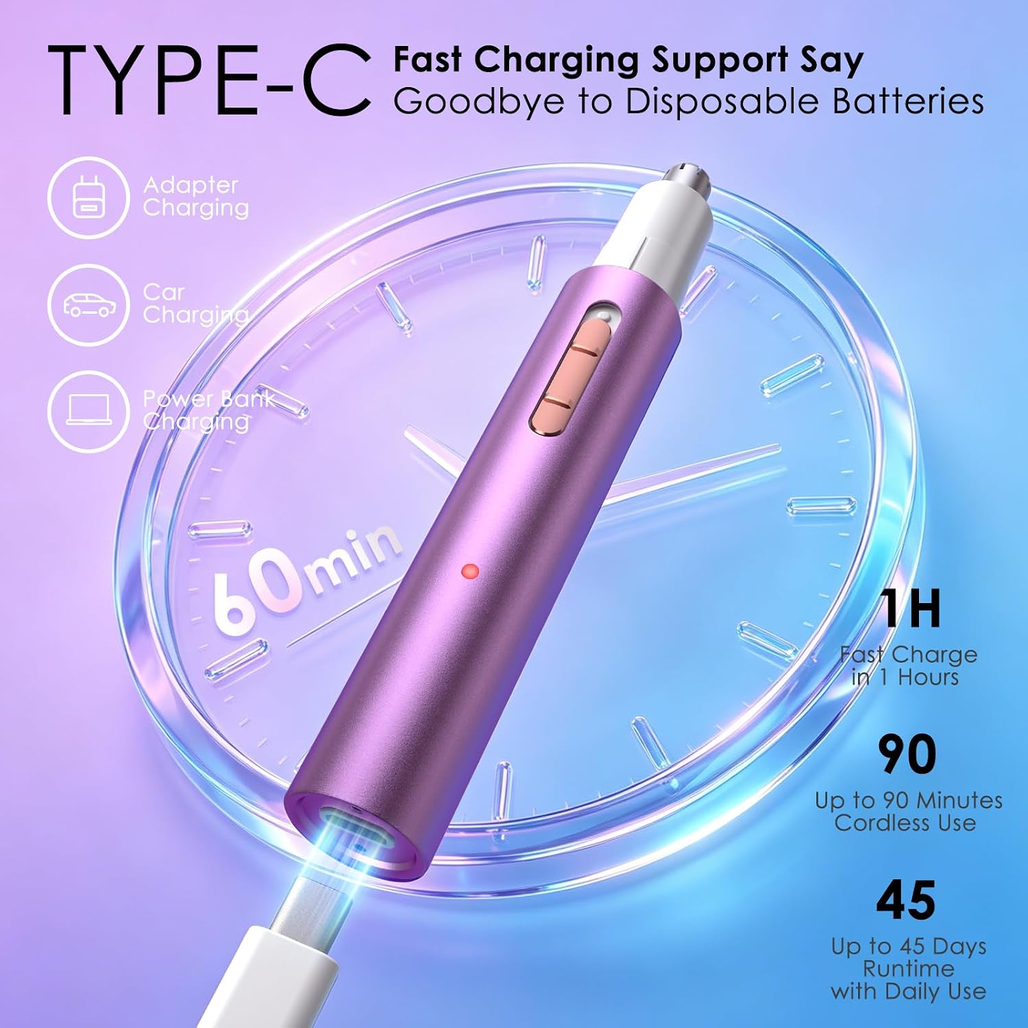 Ginity Ear and Nose Hair Trimmer for Women & Men, 2-in-1 Rechargeable Painless Facial & Eyebrow Hair Remover Tool, Electric Clipper with Dual-Edge Blades, Easy to Clean(Pink)