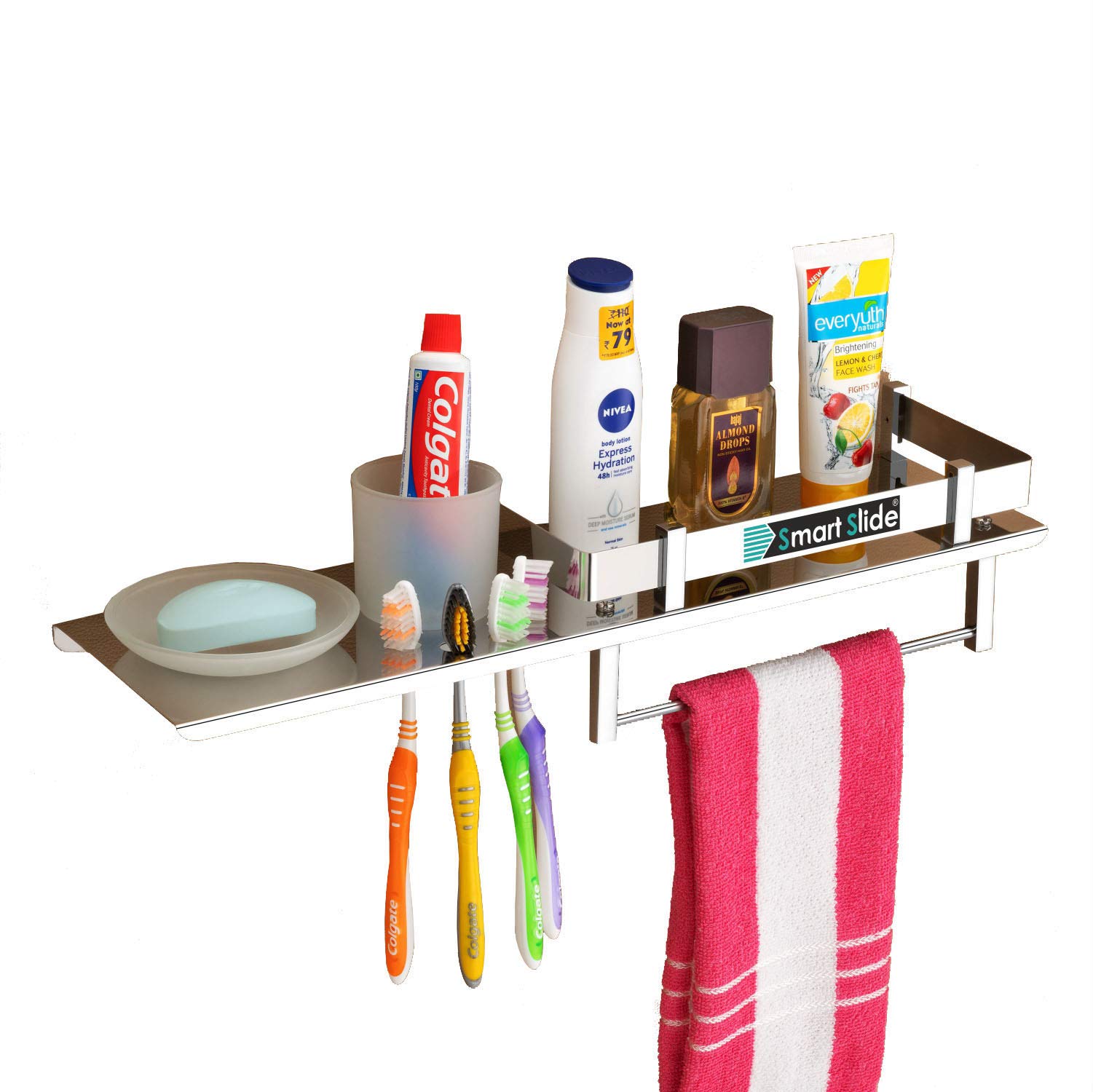 SmartSlide Stainless Steel 4 in 1 Multipurpose Bathroom Shelf with Plastic Soap Case and Tumbler Holder – Bathroom Rack - Soap Dish – Toothbrush Holder – Bathroom Accessories (18 x 5 inches) (B08RHZYWND) Amazon Price History, Amazon Price Tracker