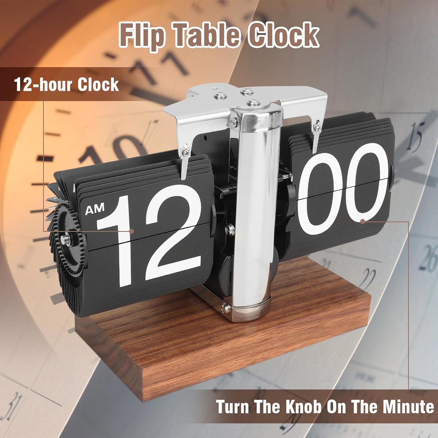 Retro Flip Clock, Automatic Retro Clock 12 Hours Modern Digital Mechanical with Wooden Base Retro Clock for Home, Office, Restaurant (Stainless Steel Black)