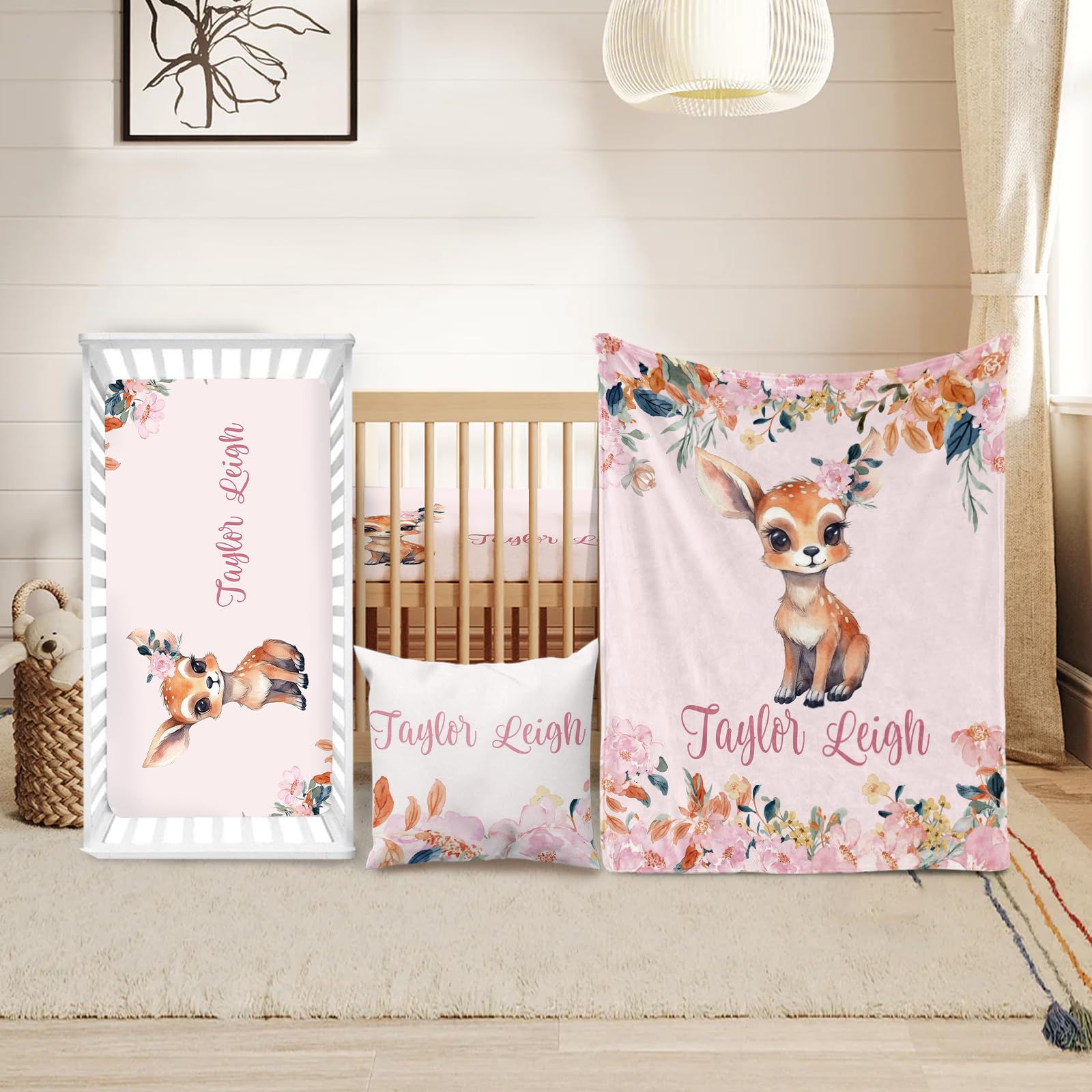 Custom Crib Bedding Set for Girls Gifts Deer Floral Design Color04