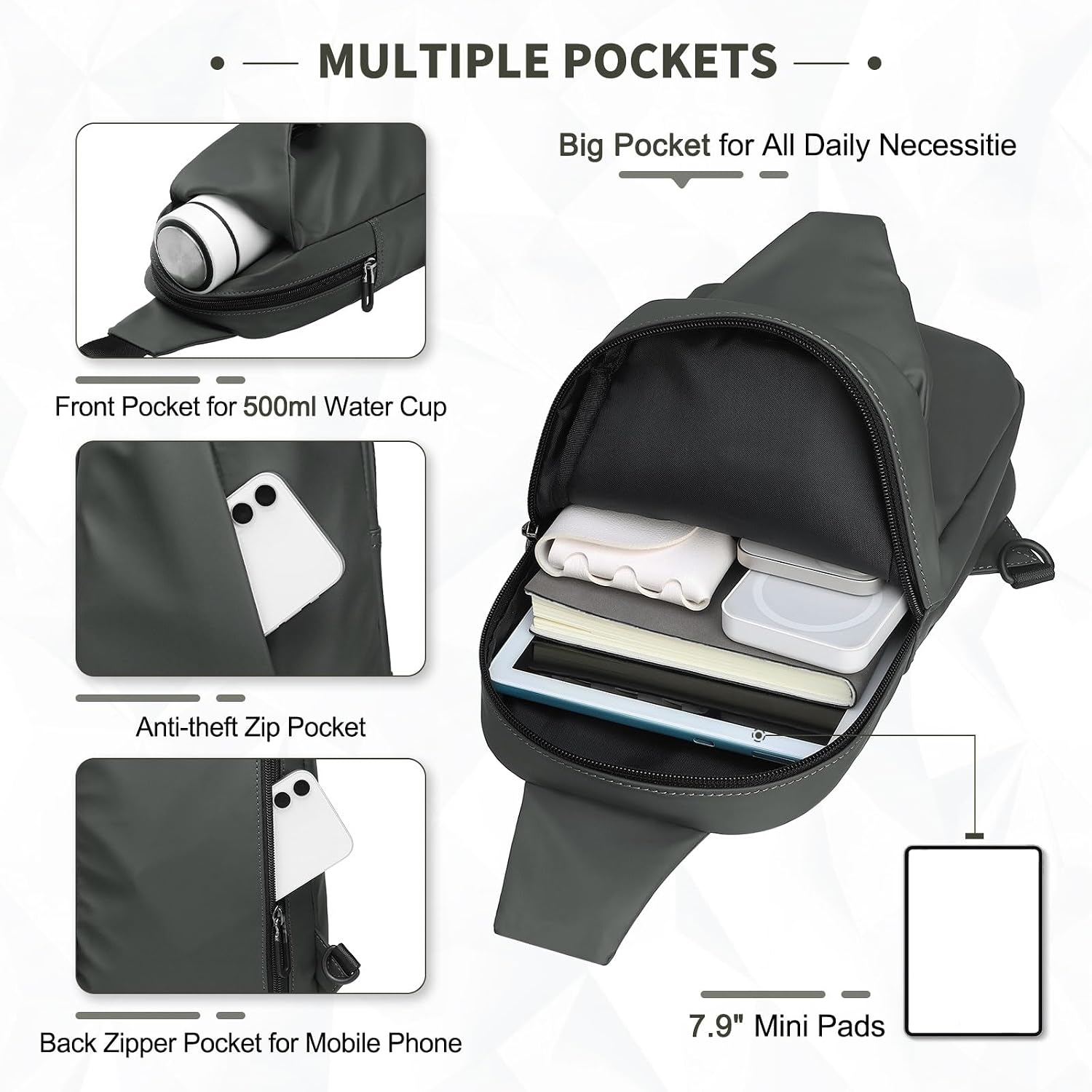 DTGN Small Sling Bag Waterproof Crossbody Chest Bags Lightweight Dark Grey image 3