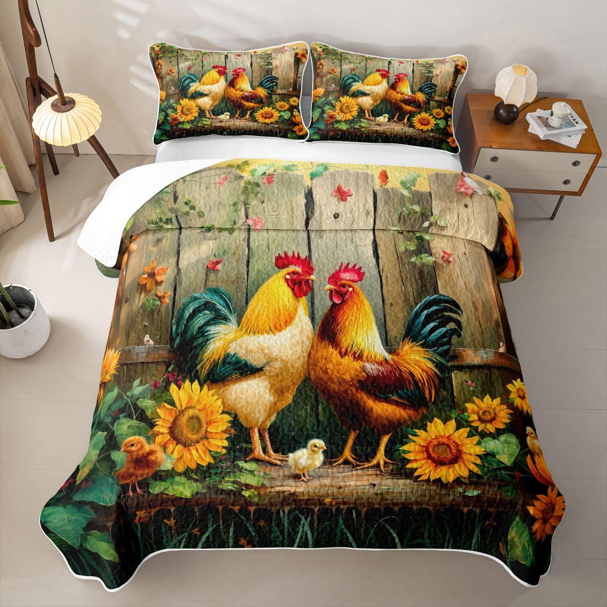 Rooster Rustic Quilt Set Twin Vintage Farmhouse Cock Girl Quilted Bedding Rural Pastoral Flowers Bedspread Coverlet Chicken Farm Animals Quilt Comforter Blanket for Hot Sleepers Boys Girls