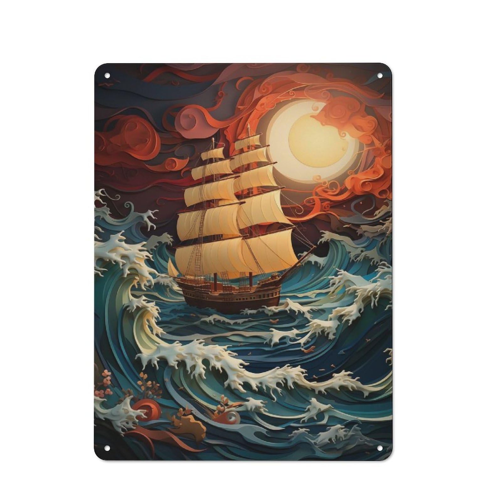 Metal Wall Sign 40x30cm Featuring Boat in The Storm for Garage Or Workshop, Suited to DIY Enthusiasts