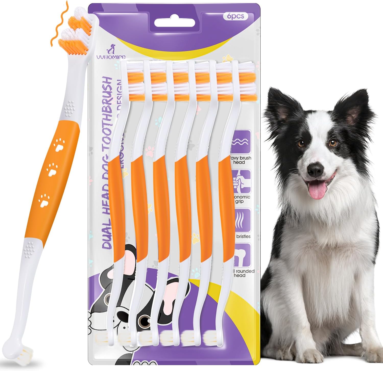 Dog Toothbrush, Dual-Head, for Medium-Large Dogs, Orange