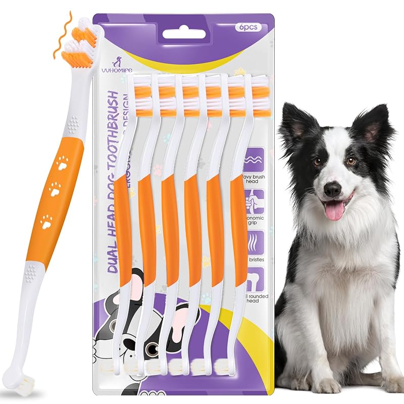 Escova de Dente para Cães Médios e Grandes com Dupla Cabeça e Cerdas de Nylon VVHOMIFE, Orange, Pacote com 6