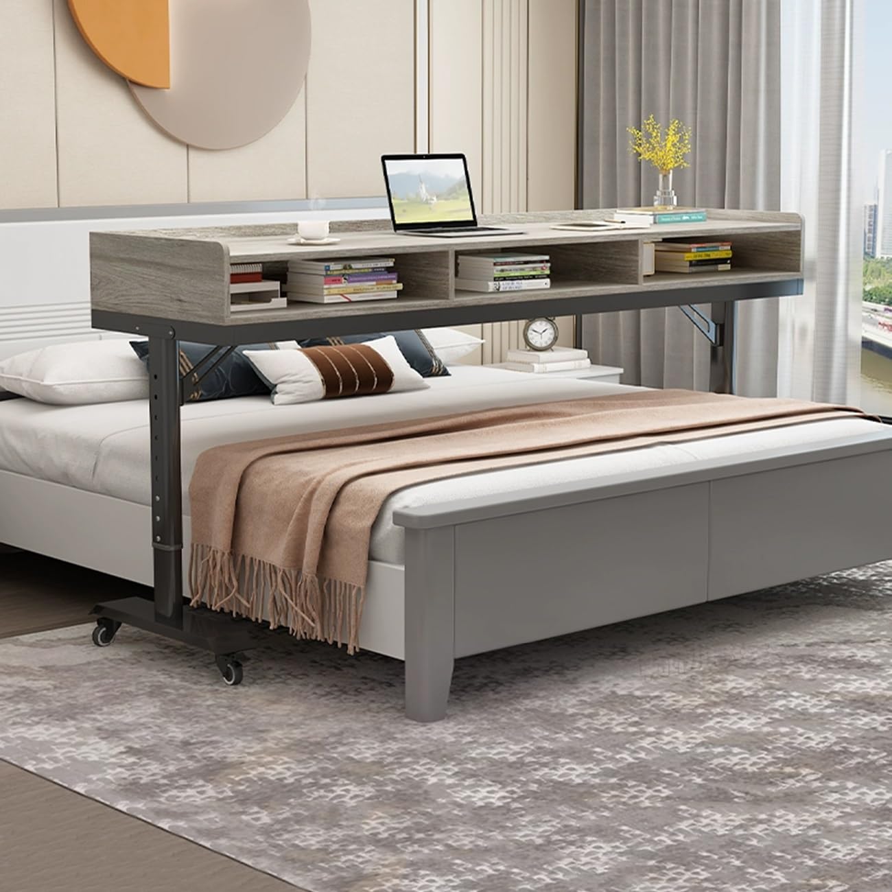 Scrivania da letto regolabile con cassetto girevole a 360°, scrivania da ufficio mobile per casa e ospedale, 150 cm, ideale per lavoro e studio