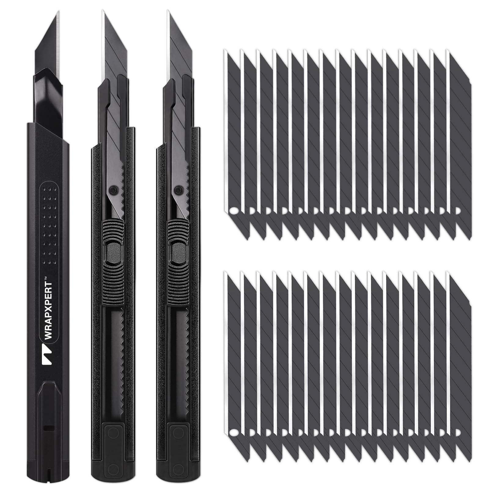 WRAPXPERT Utility Knife Retractable with 30 Degree Snap Off Blade,Box Cutter for Carton,Razor Knife Exacto Craft,3 Pack Retractable Knife for Office,Home Use,with 30 Extra 9mm Blades