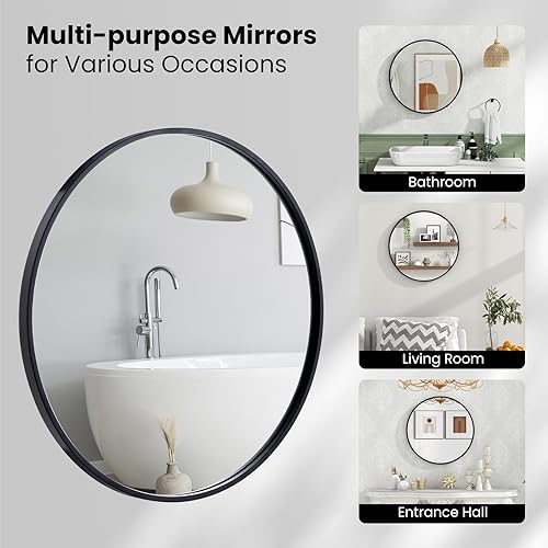 Miniatura 7 de Tangkula Espejo de baño circular negro de 24 pulgadas, espejo de pared redondo con película a prueba de explosiones, marco de acero, tornillos de