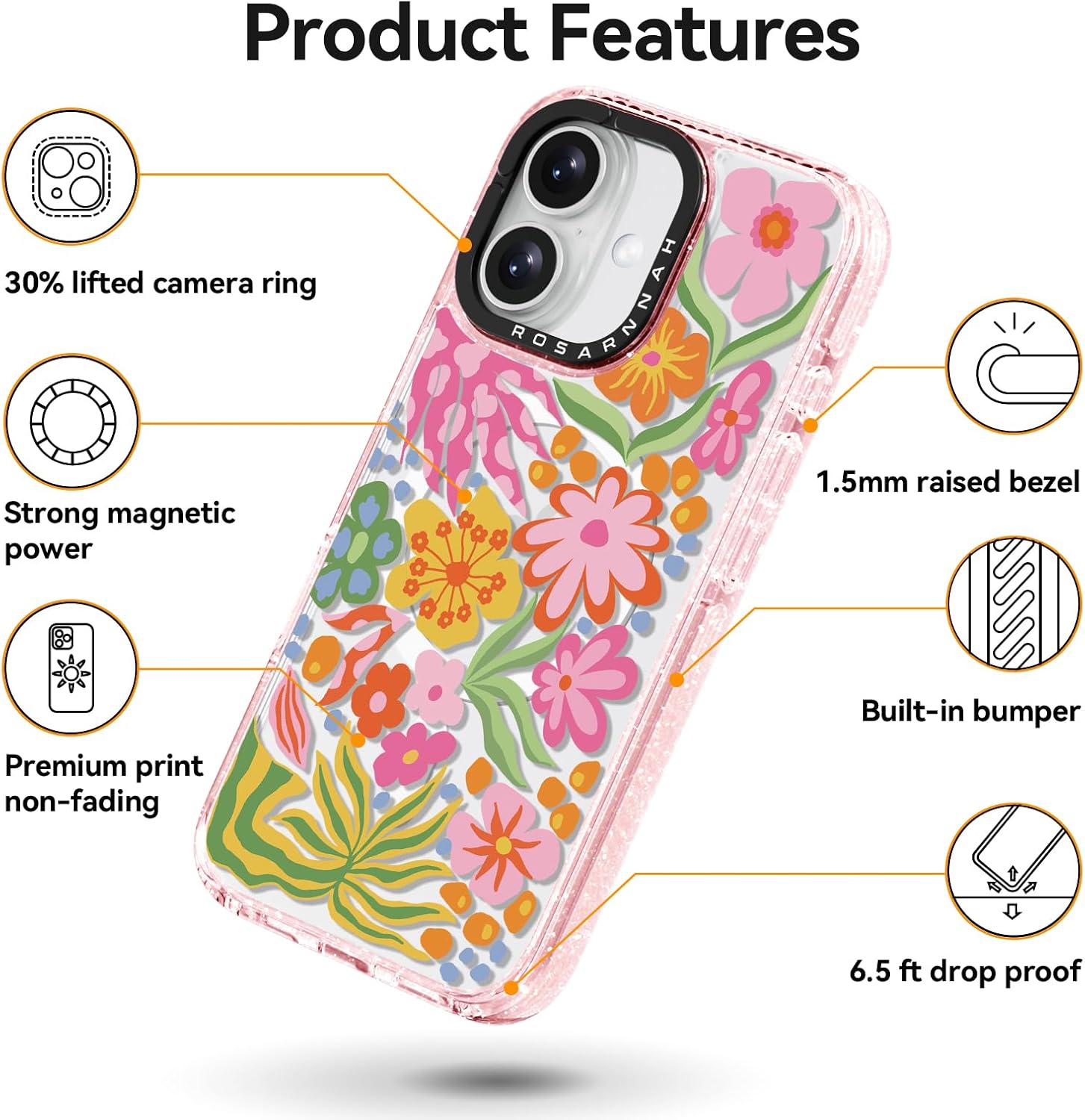 Rosarnnah for iPhone 16 Case Cute - Compatible with Magsafe - Durable Shockproof 6.6 ft Drop Impact Phone Case - Funny Passion Flower Design (6.1") Glitter Pink
