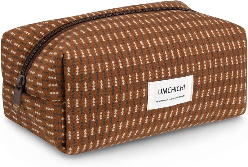 Necessaire de maquiagem Umchichi em poliéster, marrom café listrado, 20,0 x 12,0 x 8,0 cm