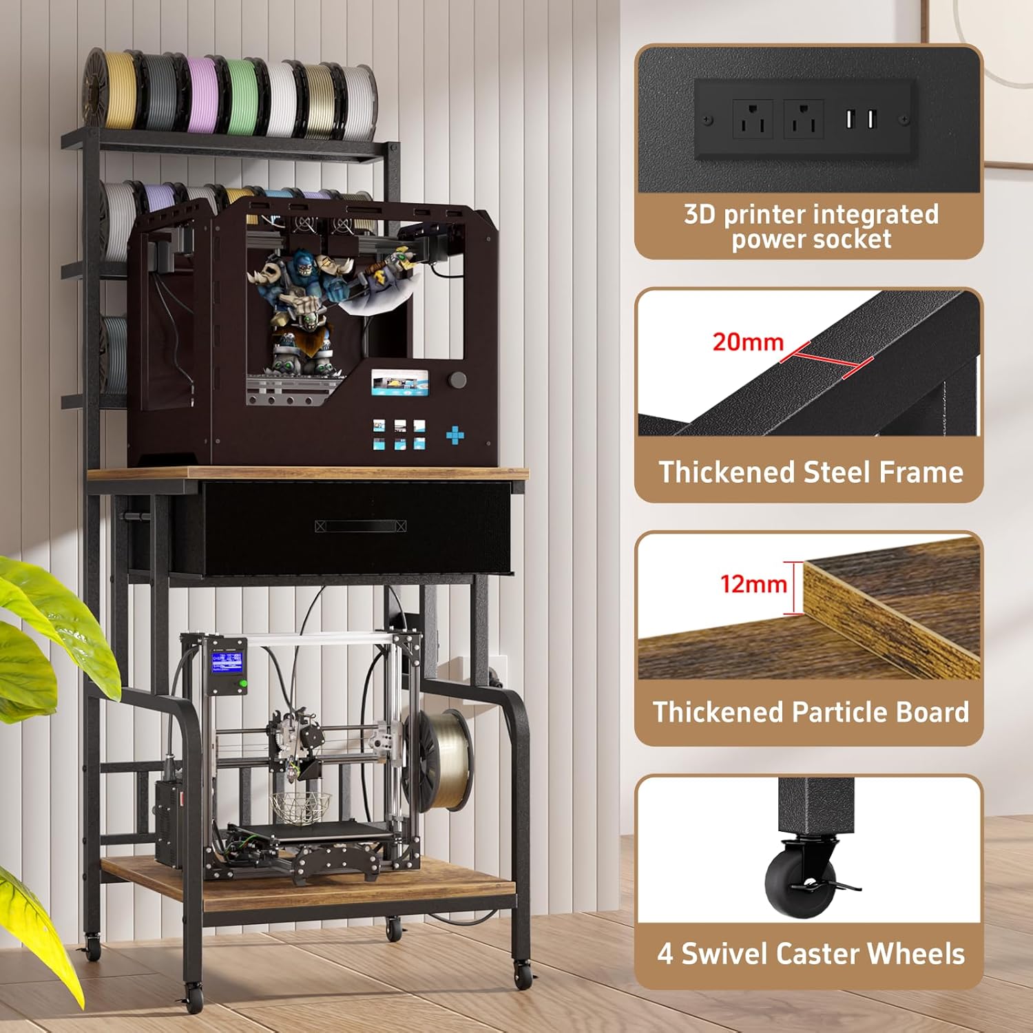 3D Printer Stand with Filament Storage,3D Printer Rack with Storage Drawer，Heavy-Duty 3D Printers Table with Power Outlet，for ABS/PLA/TPU Spools, Home Office Studio Rustic Brown
