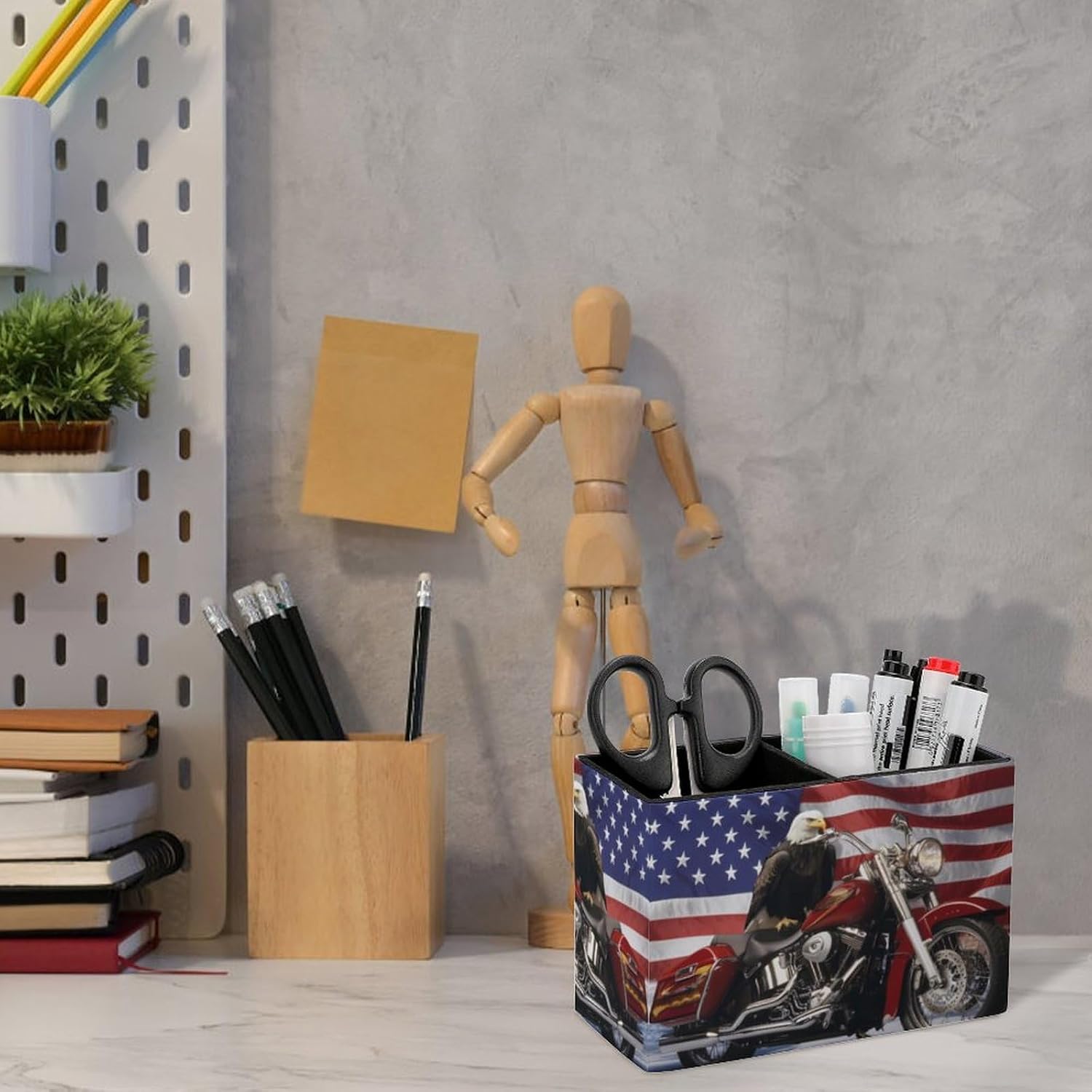 USA Ea-gles Motorcycle Pencil Pen Holder PU Leather Desk Storage Organizer Makeup Brush Box