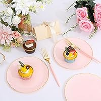 Vista 3 de LIYH 96 piezas de platos desechables de postre y tenedores de oro rosa - Juego de platos de plástico de 19 cm para ensalada, pastel y aperitivos