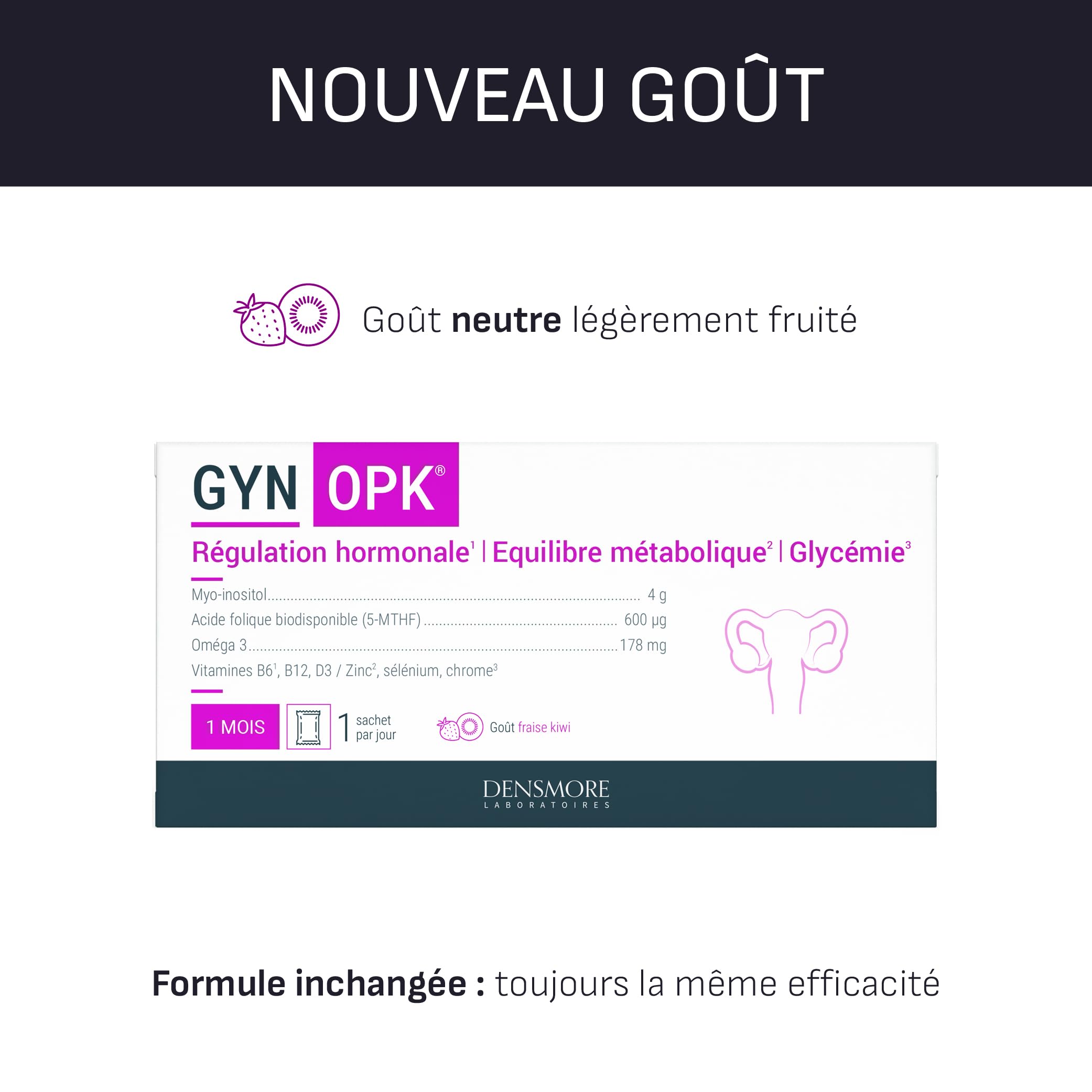 Densmore - GYN'OPK - Régulation hormonale et Glycémie - SOPK - Omega 3, Myo inositol, Acide folique, Zinc et Chrome - Complément alimentaire - 30 sachets - 1 mois