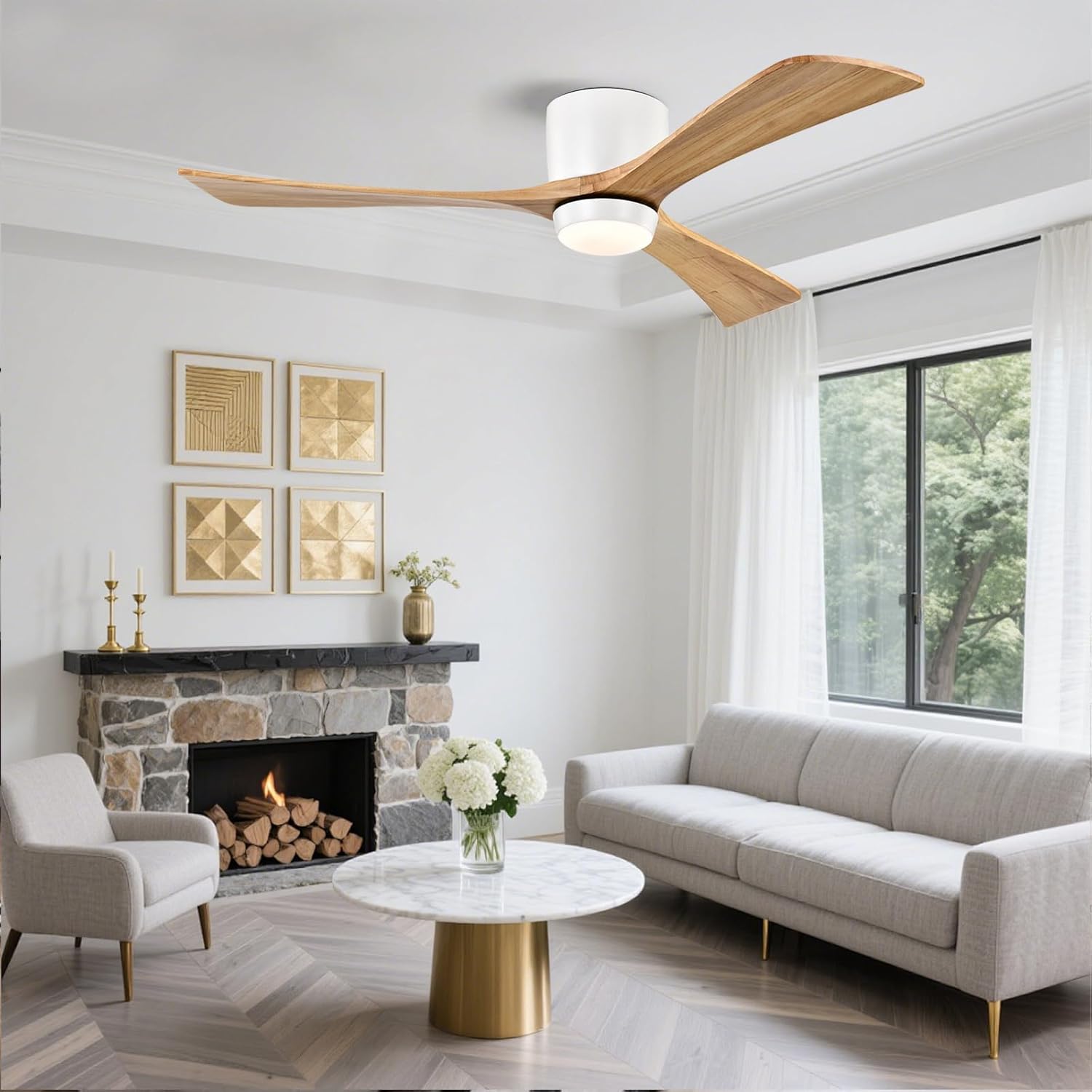 52inches Ceiling Fan with Lights,Wooden Flush Mount Ceiling Fans with Remote Control,Dimmable Light,3 CCT,6 Speeds,Noiseless DC Motor,Ceiling Fan for Bedroom,Living Room,Office,Indoor,White Walnut