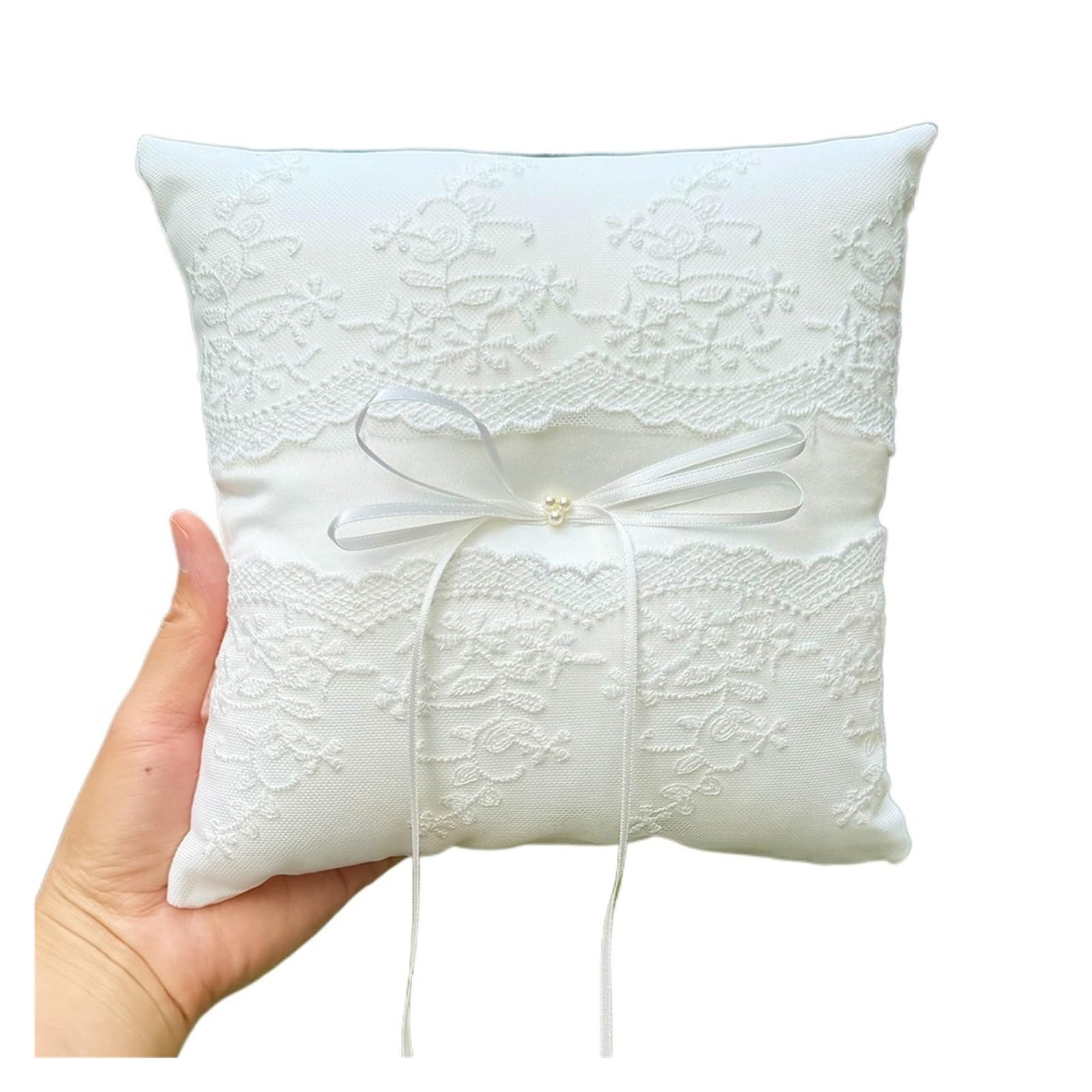HEUchuan wedding ring cushion Wedding Ring Bearer Pillow White Floral Lace Cushion with Pearl Bowknot Ceremony Holder