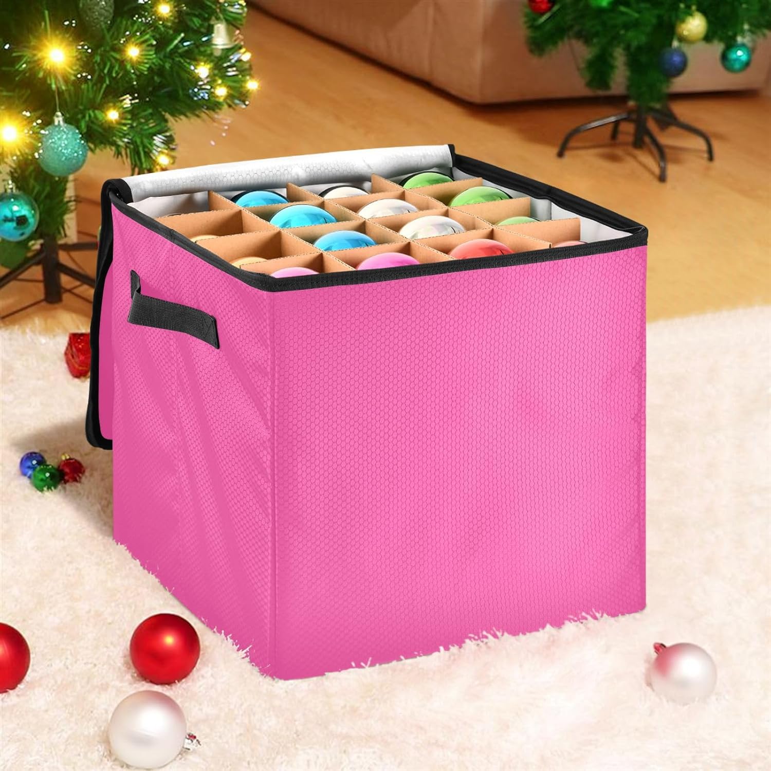 Pink Purple Solid Color 13 Inch Christmas Ornament Storage Box with Lid - Holiday Decor Storage Containers, Stores 64 Ornaments, 3 Inch Cube Compartments