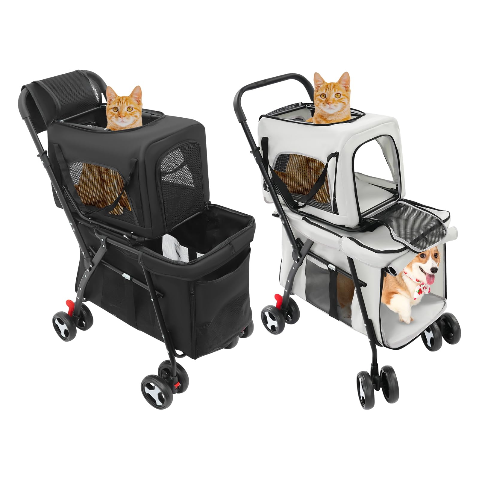 Passeggino doppio per cani, per animali domestici fino a 22 kg, pieghevole, a 2 piani, con finestre a rete e tasche, passeggino per gatti a 2 piani con 4 ruote resistenti all'usura, trasportino per