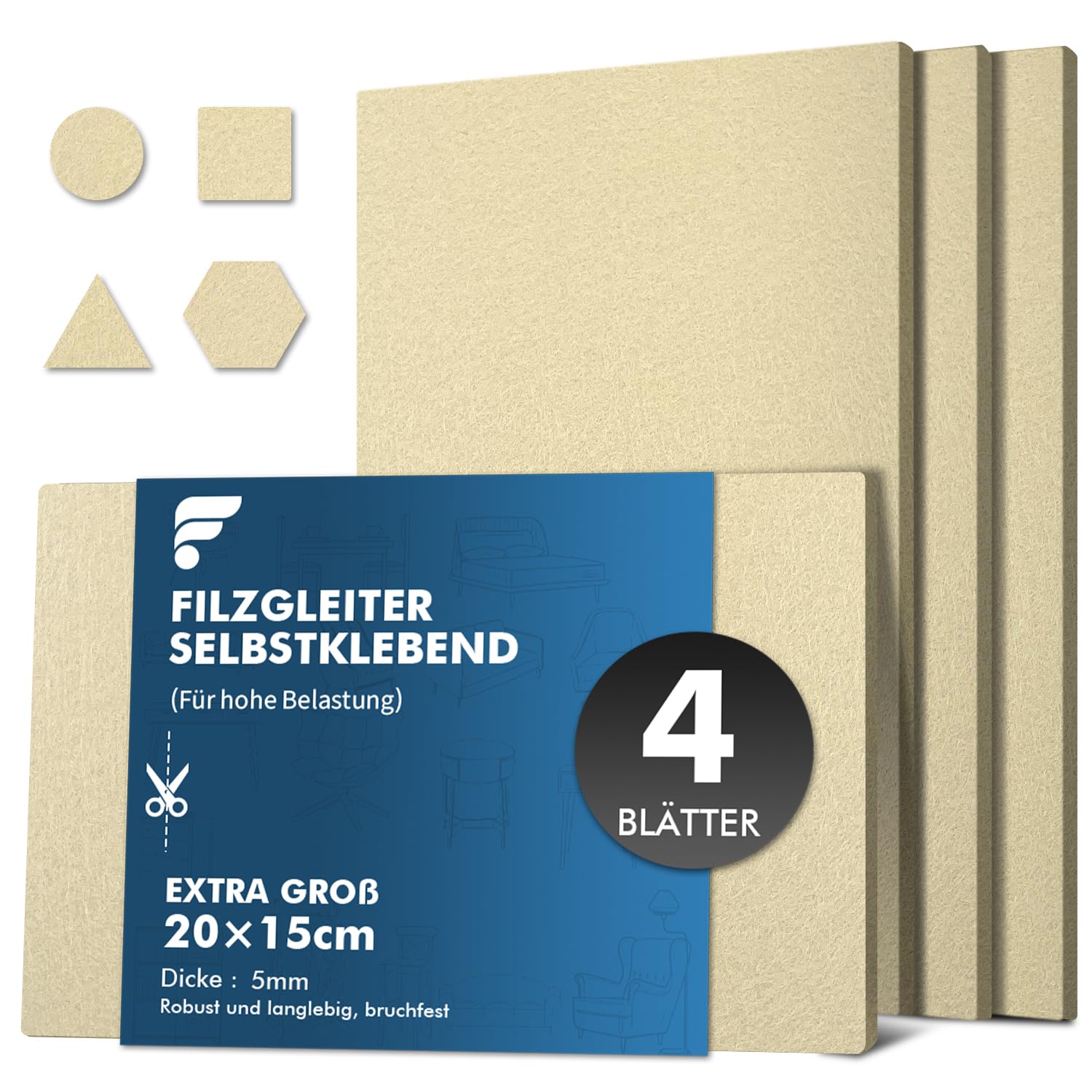 shinfly Filzgleiter Selbstklebend zum Zuschneiden, 4 Stück Filz Selbstklebend für Stühle, Möbelgleiter für schwere Möbel, Bodenschutz für Parkett Laminat Fliesen