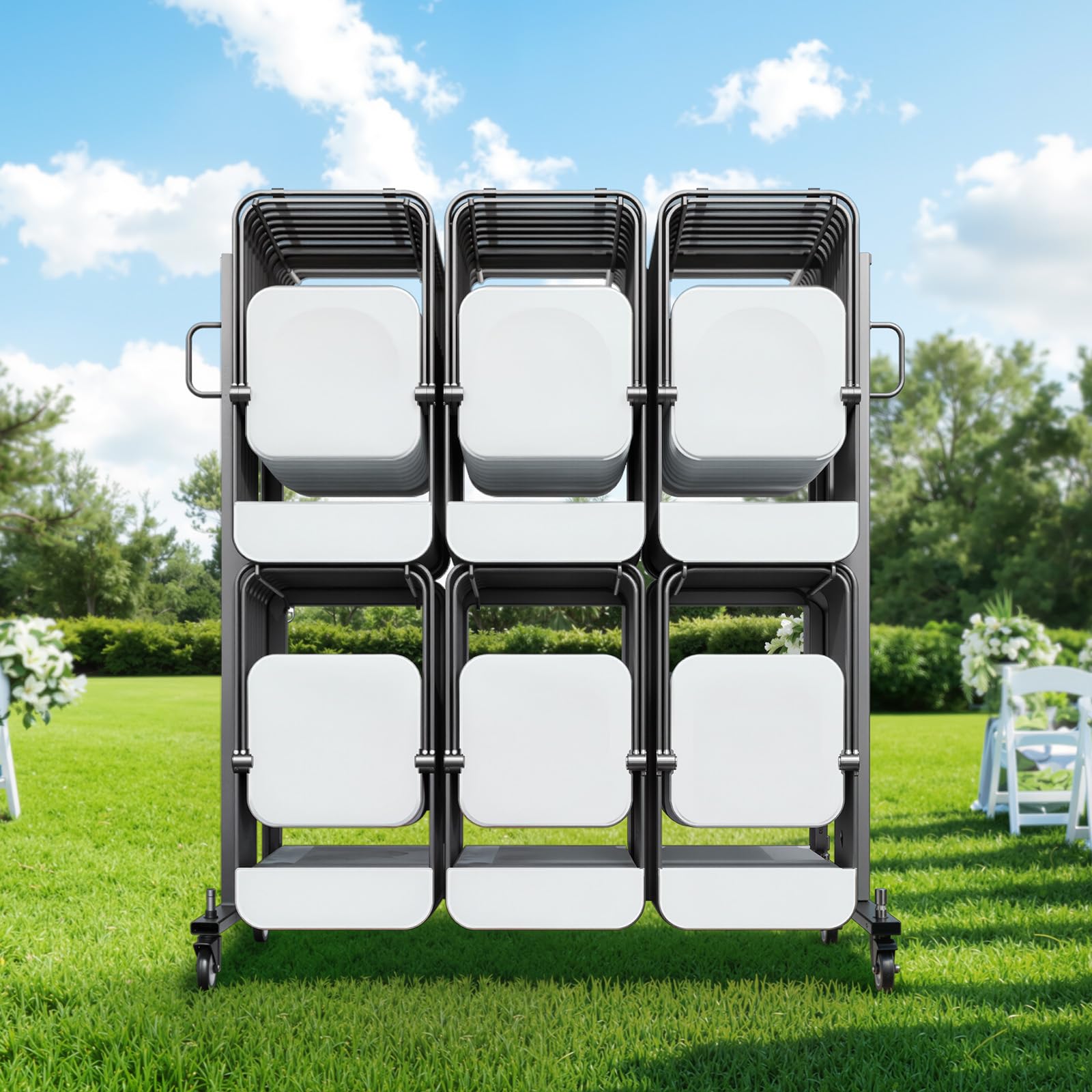 VEVOR Estante para Sillas Plegable Capacidad de 363 kg, Carrito Resistente para 84 Sillas/12 Mesas y 42 Sillas, Carrito de Almacenamiento de Sillas de 2 Capas con Ruedas de Goma y Soportes, Negro Mate