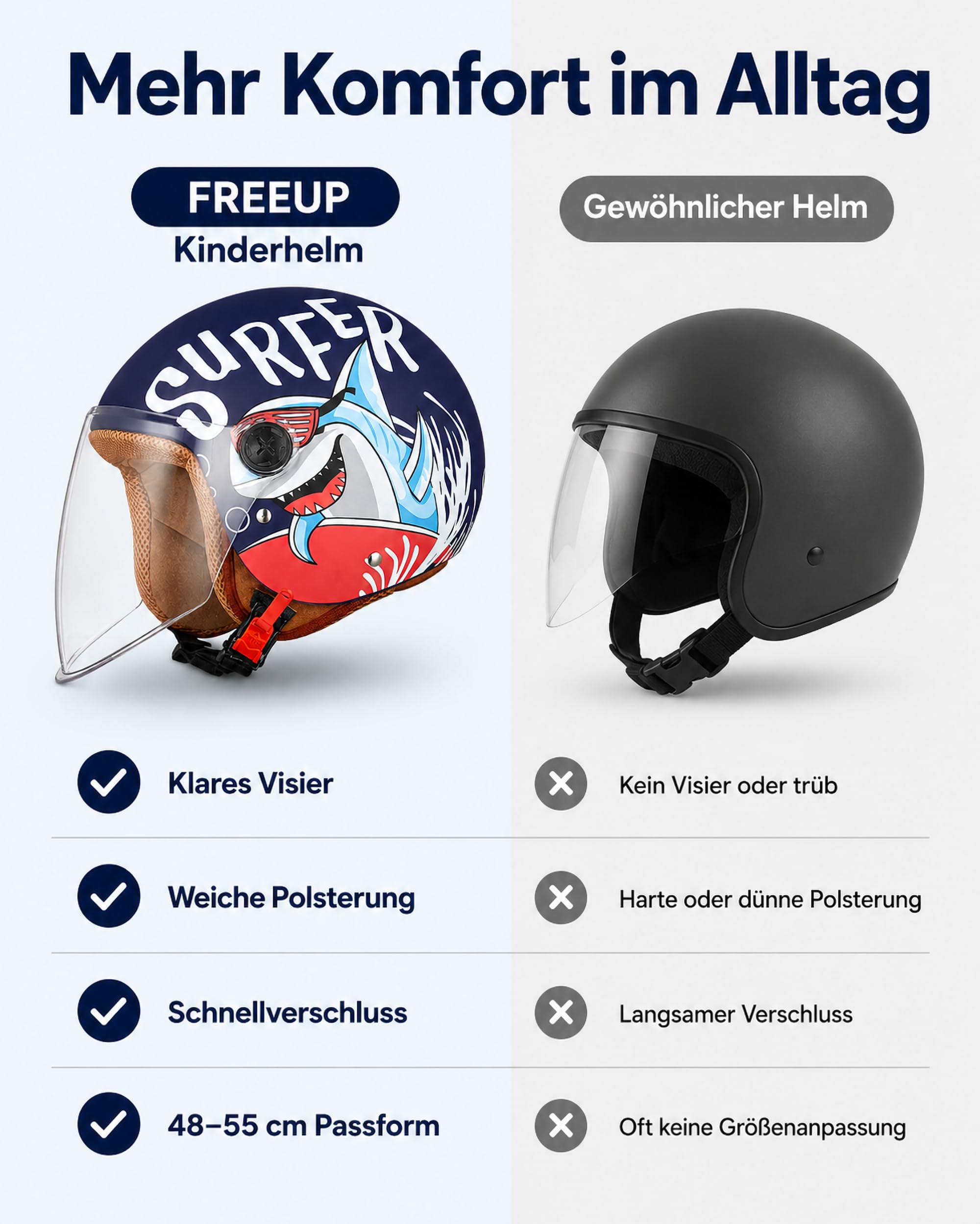 FREEUP Kinder Motorradhelm Roller Helm jethelm mit Sonnenblende, Mädchen Rollerhelm Junge Mofa helm, Schnellverschluss tasche, 48-55cm, für 5 Jahre - 12 Jahre Kid