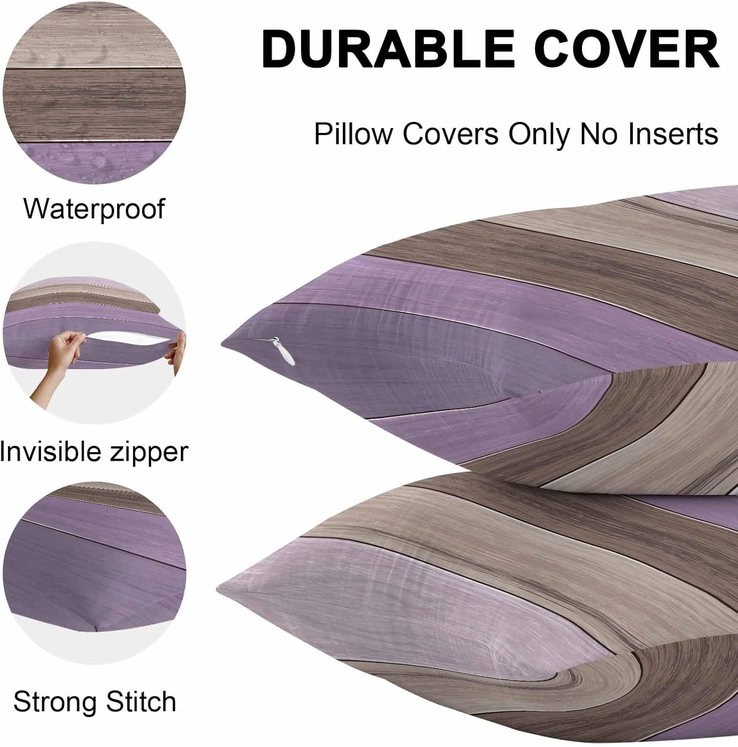 Outdoor Throw Pillow Covers 24X24 Set of 2 Waterproof Ombre Lavender Purple Brown Decorative Zippered Cushion Covers for Patio Furniture, Farmhouse Retro Rustic Barn Wood Texture Lumbar Pillowcases