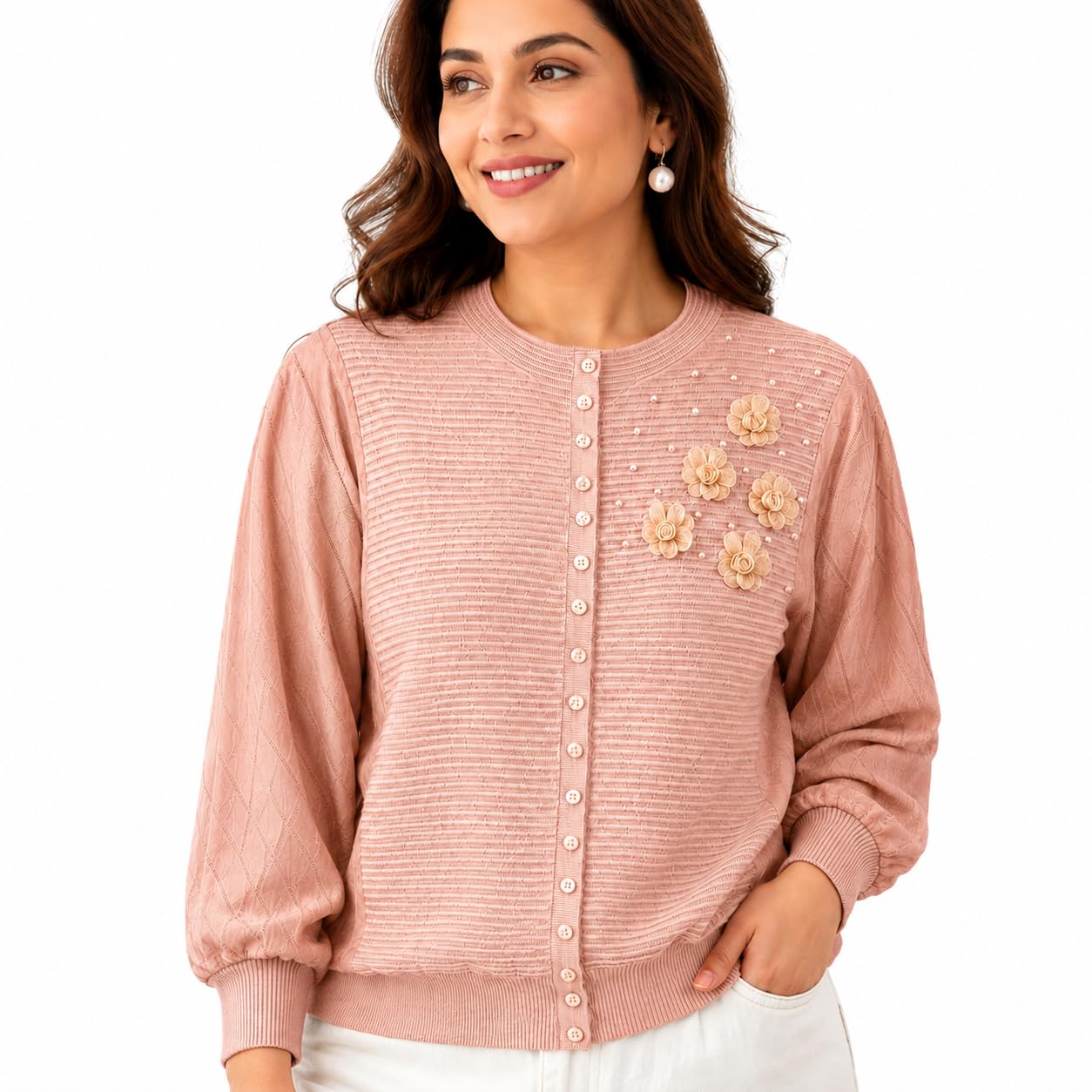 devx fashion Women's Floral Embellished Cardigan | Premium Ribbed Knit Fabric | Free Size | Relaxed Fit | Round Neck | Lightweight & Breathable | Casual | Party-picture-34