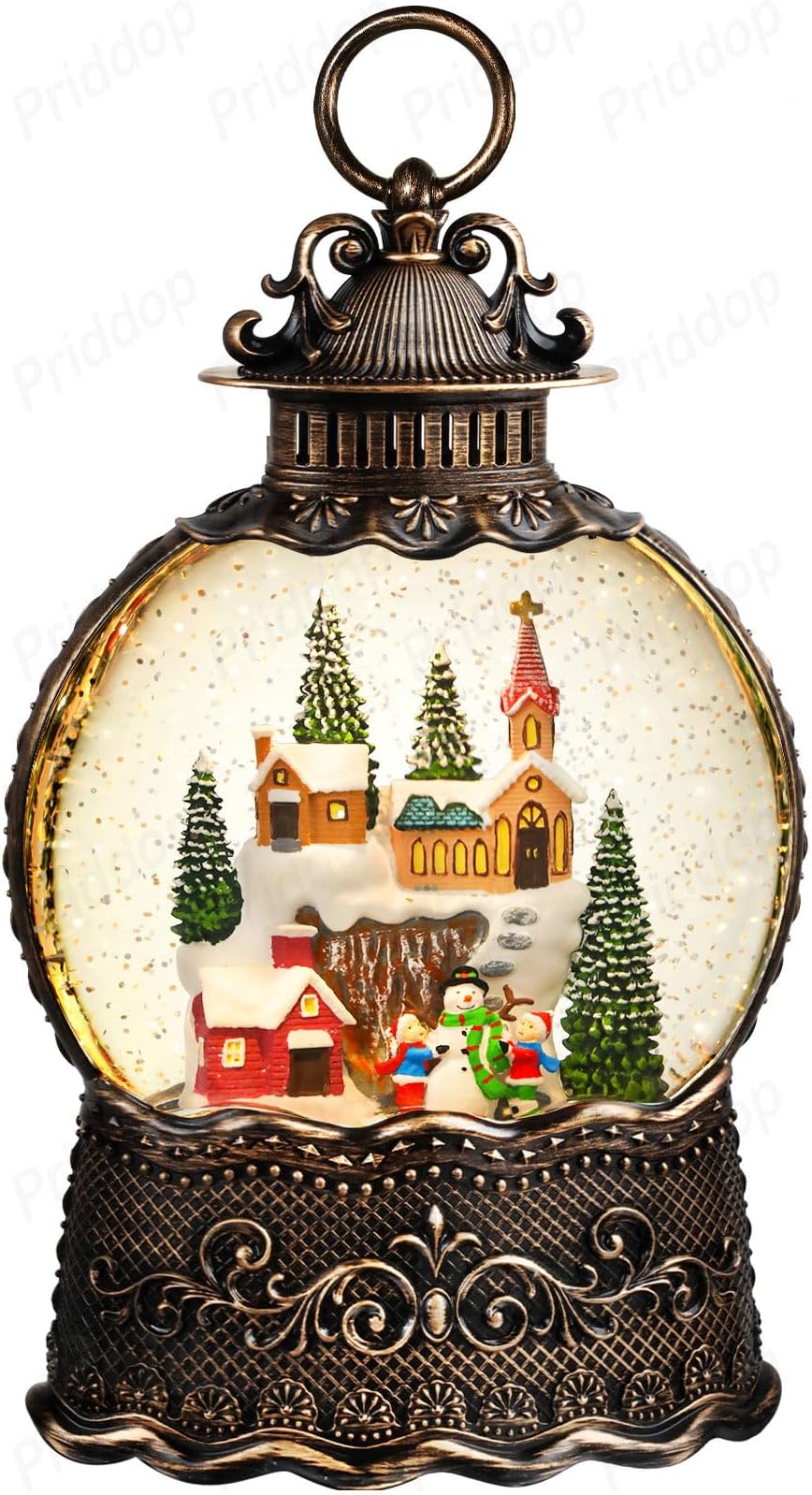 Snow Globe Christmas Lantern Classic Relief Texture with Timer and Music, USB and Battery Powered LED Glitter Christmas Decorations Indoor (Snow Scene)