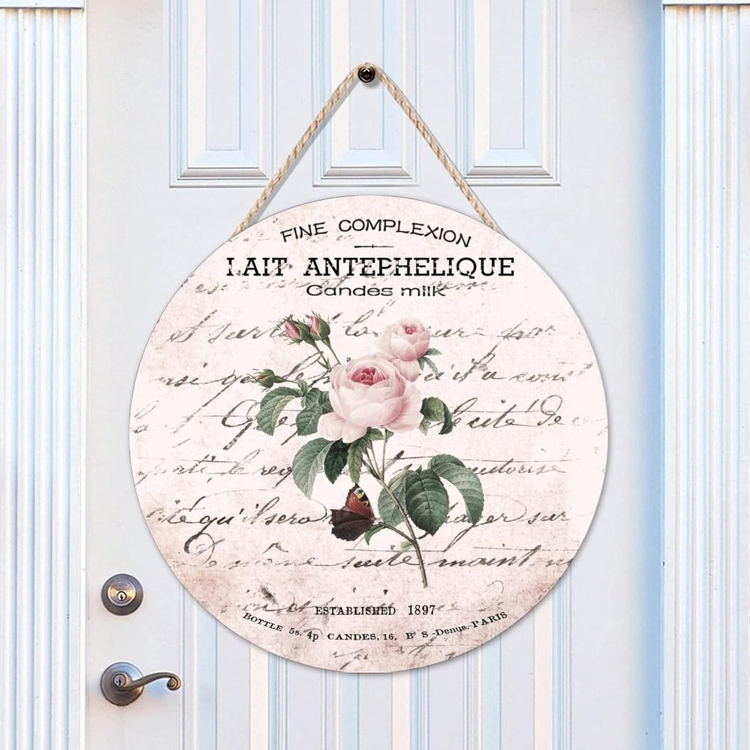 Retro Front Door Sign, French Vintage Flower Wood Door Sign, Vintage 16x16in Wall Hanging Sign Plaque Decor for Outdoor Front Porch Front Door Housewarming Gifts