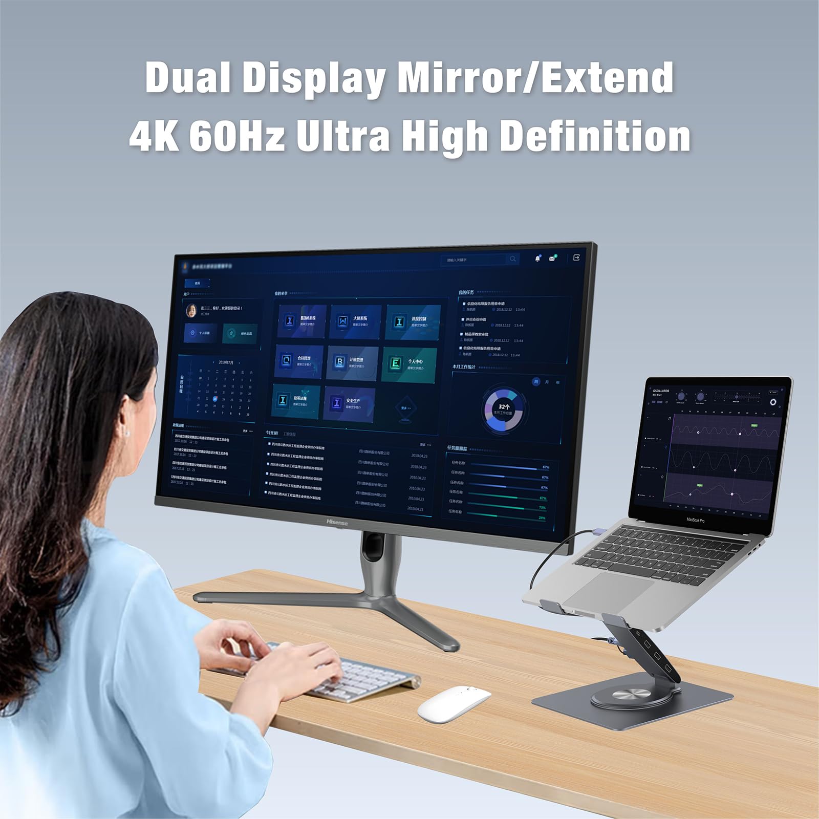 Soporte ajustable para computadora portátil con estación de acoplamiento 9 en 1, elevador de aluminio para portátil con hub USB, giro de 360°, pantalla dual HDMI 4K60Hz, 3 USB 3.0, carga PD de 100 W