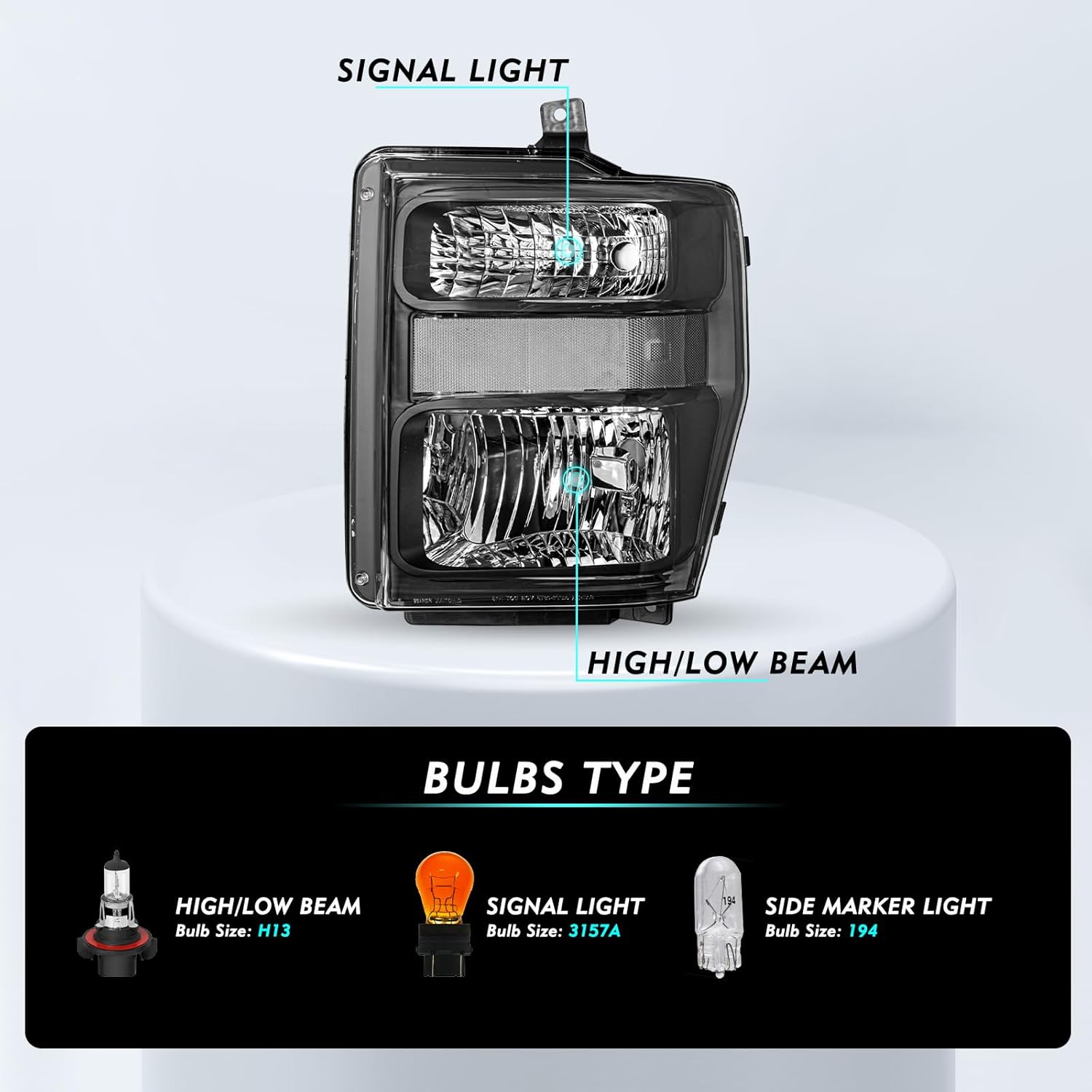 Headlight Assembly Set with Bulbs for 08-10 Ford F-250 F-350 F-450 F-550 Super Duty Driver Passenger Side (Black Housing with Black Reflector)