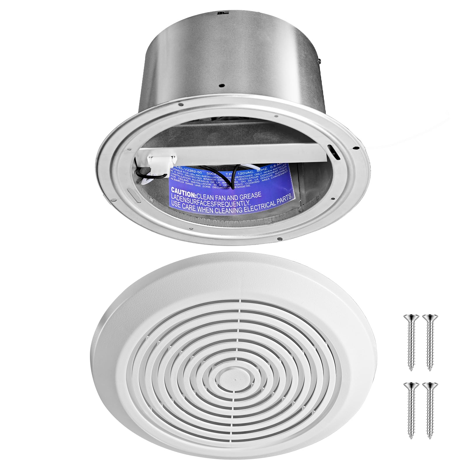 Zeikiwe V2262-50 7 Inch Bathroom Exhaust Fan, 50 CFM Quiet Ceiling Vent Fan, 1.0 Sones Low Noise Extractor for 8" Opening, Through Wall Exhaust fan