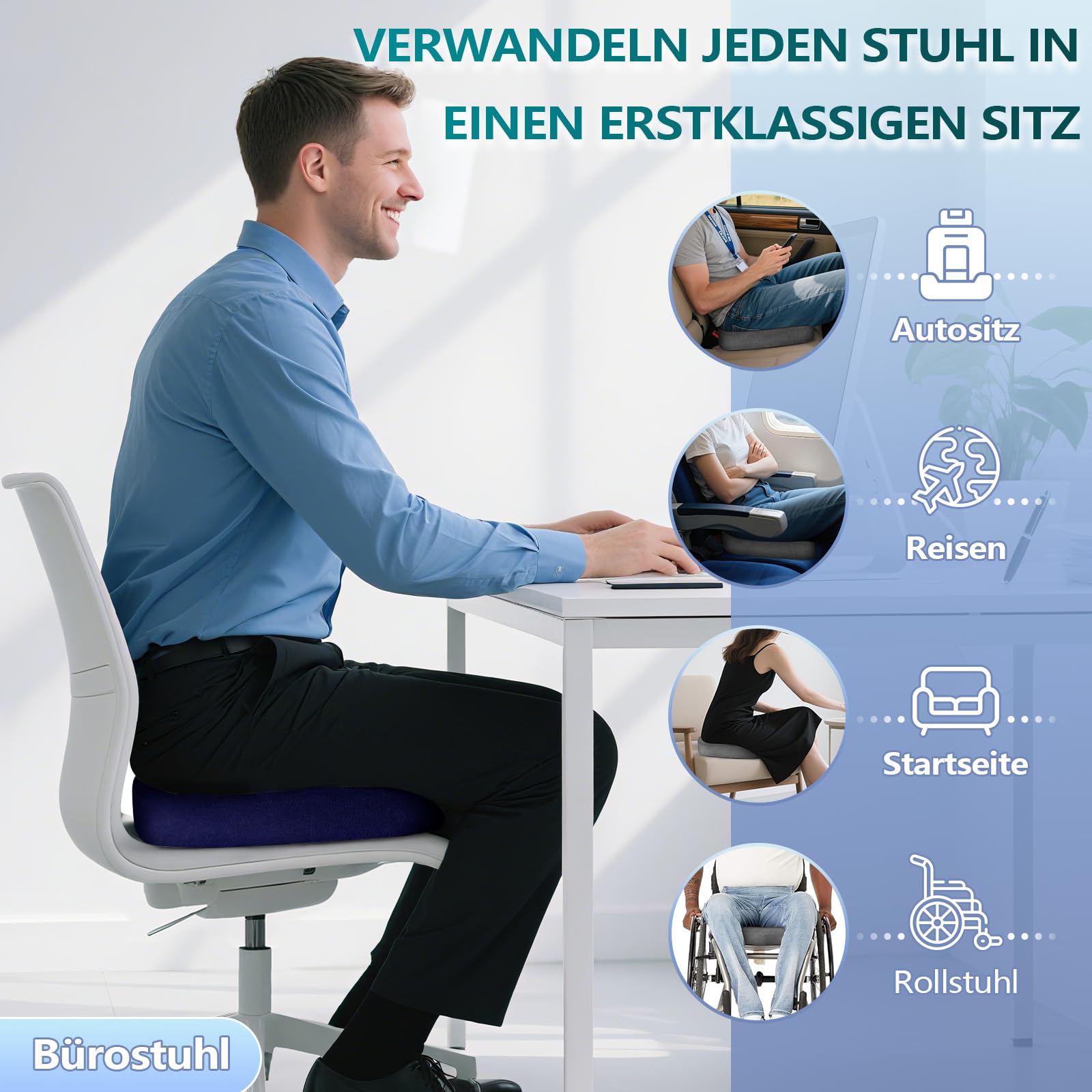 Cojín ortopédico de espuma viscoelástica – Cojín ergonómico para silla de oficina y coche para aliviar la presión y comodidad al sentarse durante mucho tiempo, antideslizante y funda