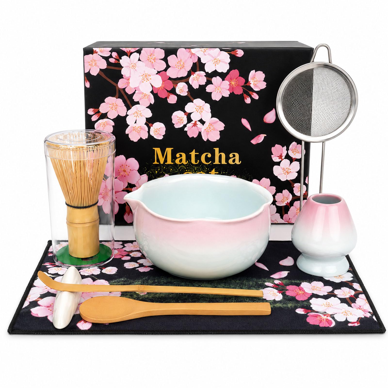 Matcha Whisk Set 8 Pcs – Matcha Tea Set with 530ml Ceramic Bowl with Spout, Bamboo Whisk, Sifter, Whisk Holder, Bamboo Scoop & Spoon – Complete Matcha Kit Gift for Matcha Lovers (Pink) — image 1