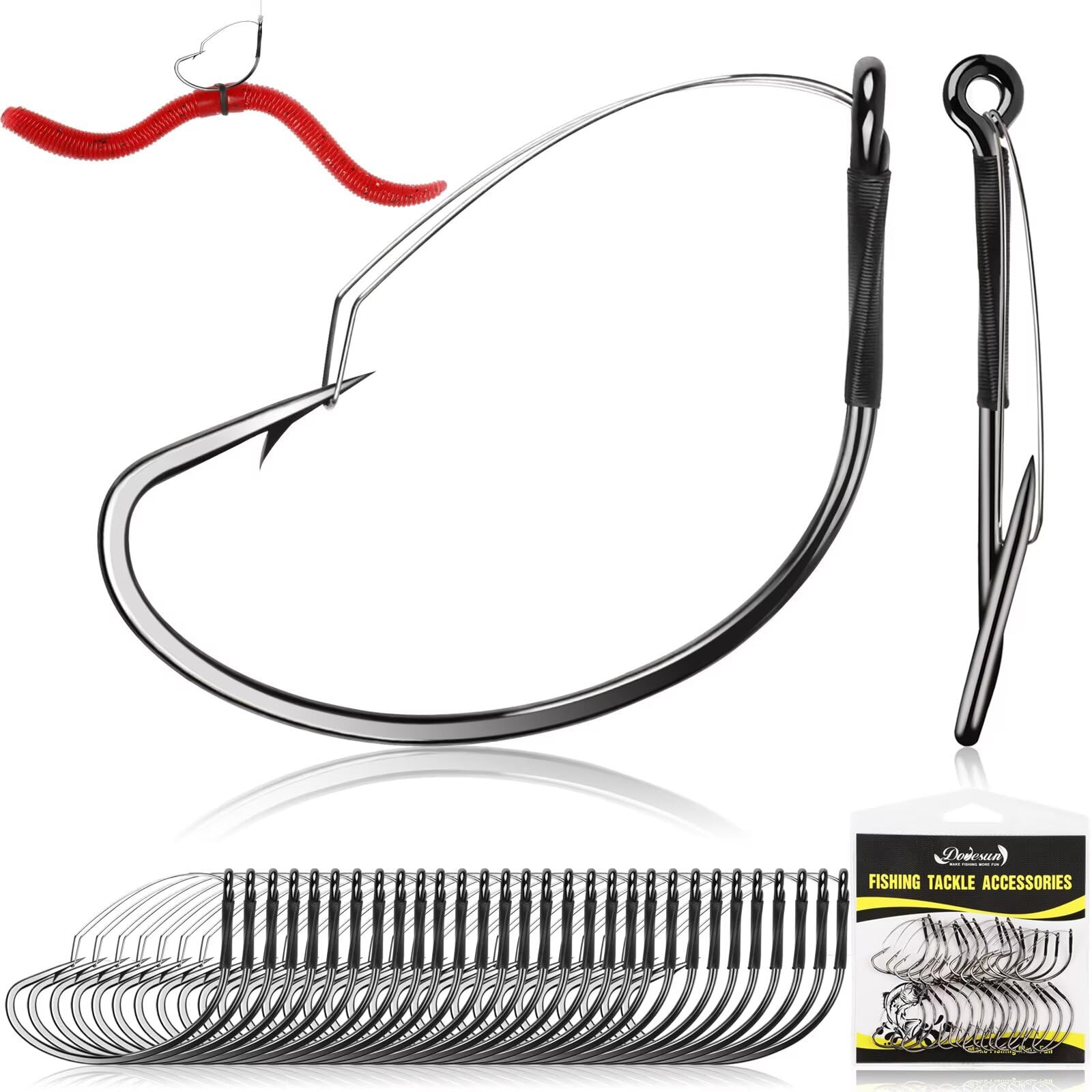 Dovesun 30PCS Weedless Wacky Rig Hooks Worm Fishing Hooks for Bass Fishing Size 1# 1/0 2/0 for Ne-ko, No Sinker Rig Wide Gap with Soft Worm Baits
