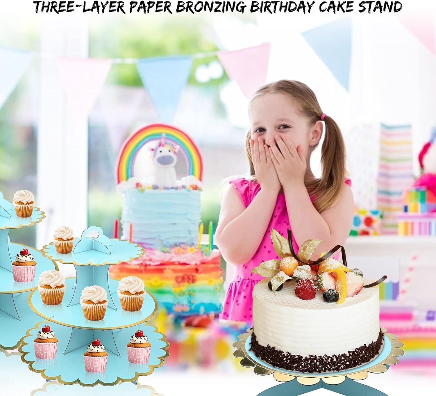 3 Pack Blue Cardboard Cupcake Stand, 3 Tier Dessert Tower and 1Tier Cake Stand for Birthday, Baby Shower, Wedding, Party, Dessert Stand Round Tower, Display Stand for Cakes - Image 3
