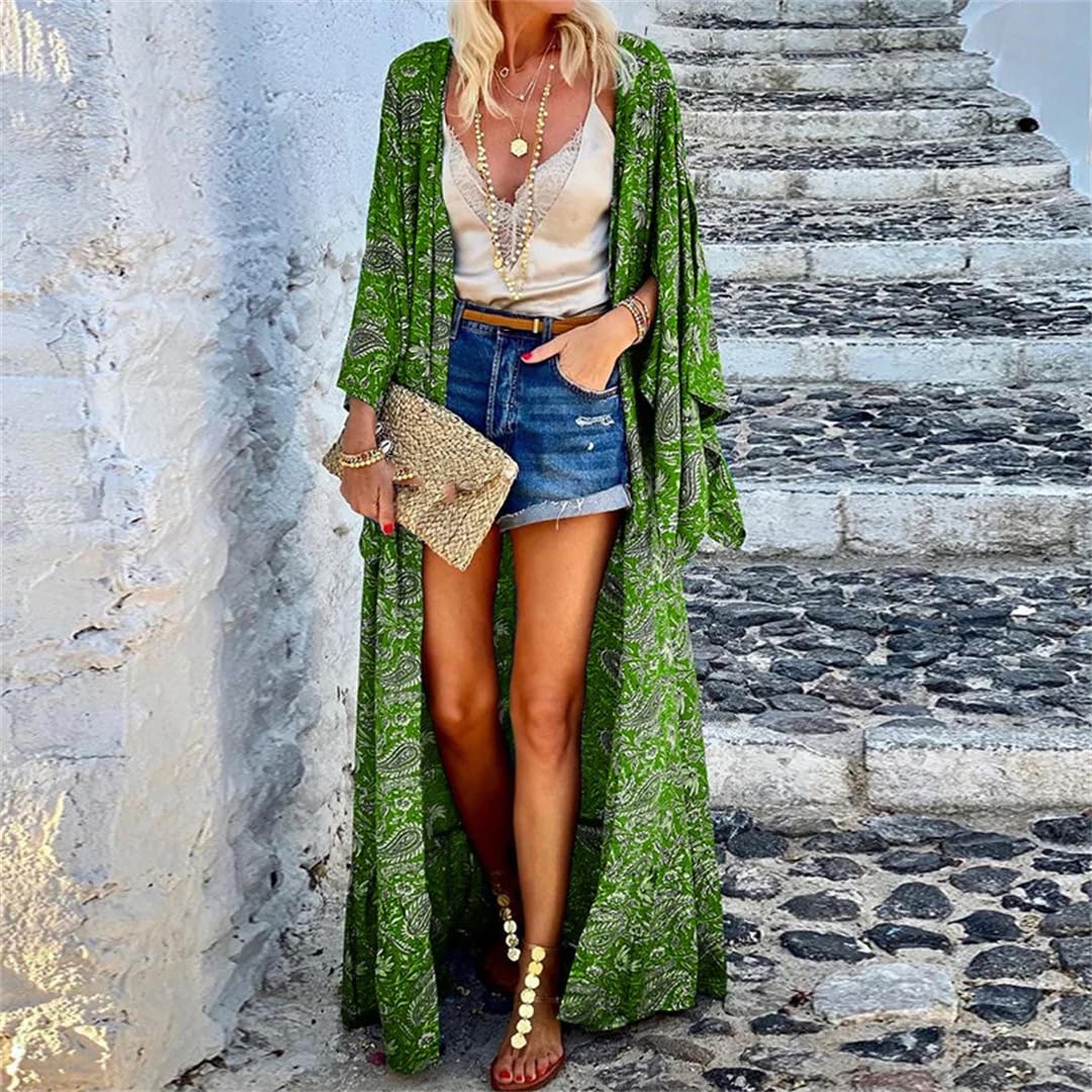Wjnvfioo kimono lungo boho donna estate vintage stampato anteriore aperto manica larga tunica