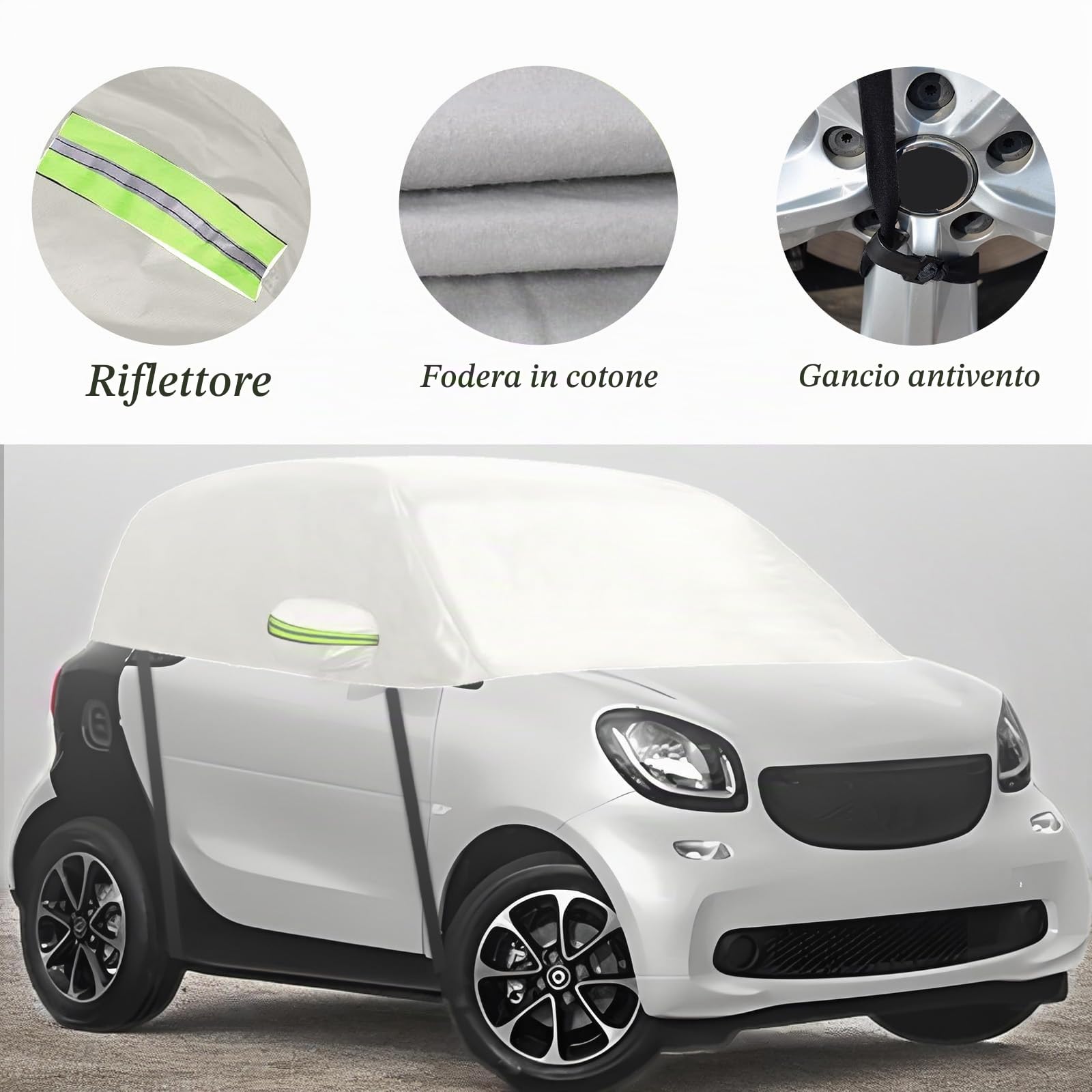 Mezza Copertura per Auto Compatibile con Smart Fortwo 2006-2025, Telo Copriauto da Esterno, Telo Copertura Impermeabile Anti-UV Anti Vento Antipolvere (Bianco)