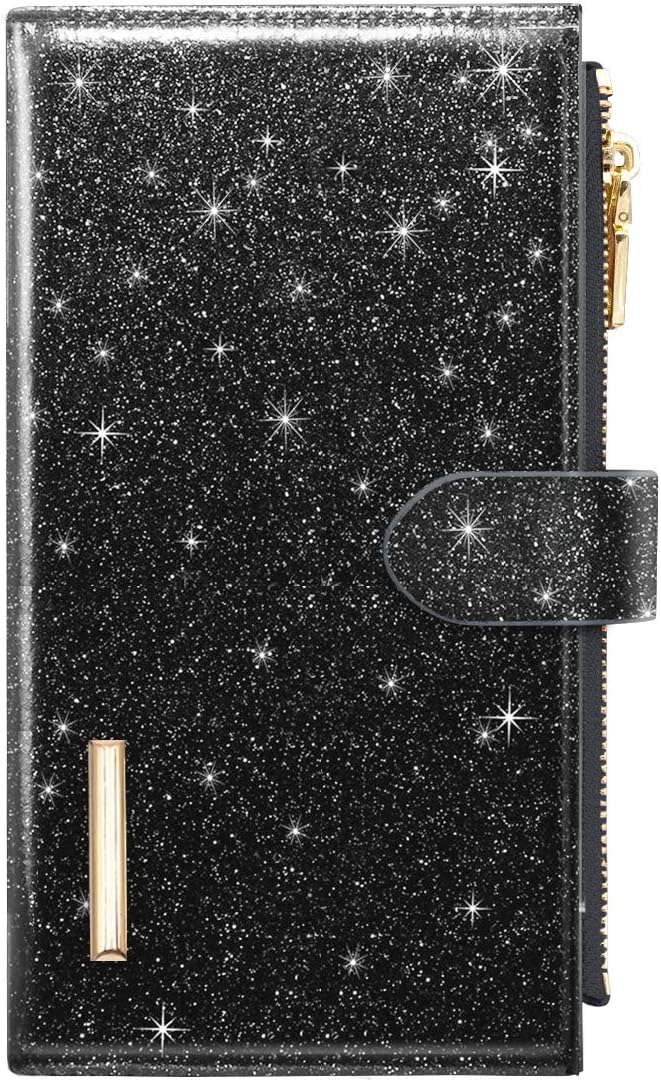 Womens RFID Blocking Large Capacity Wallet Multi Card Organizer Bifold Wallet for Women with Zipper Pocket, Black Glitter, Large, Casual